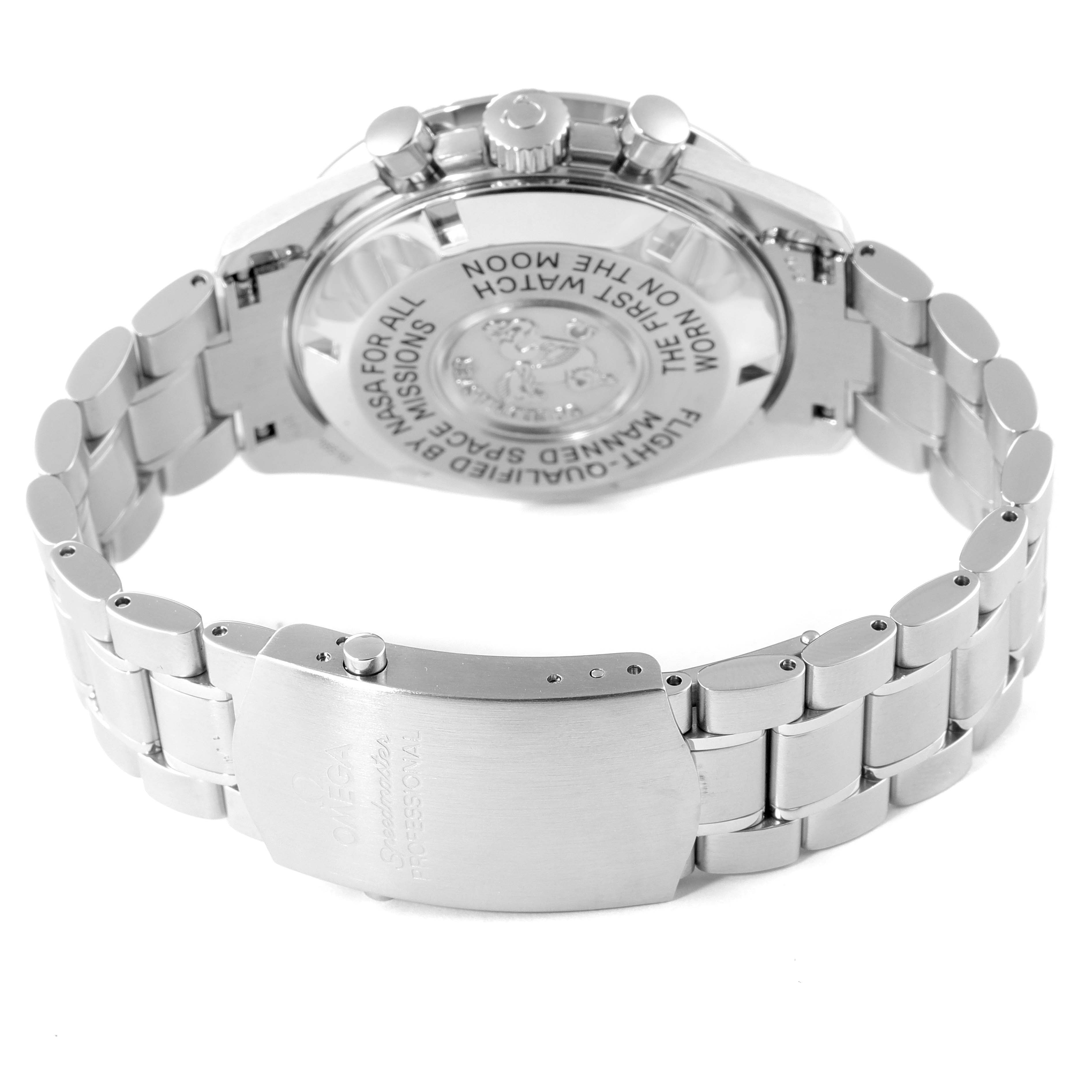 The image shows the back view of an Omega Speedmaster 3570.50.00 Men
s Stainless Steel Black Dial 3570.50.00 Men
s Stainless Steel Black Dial watch, highlighting the bracelet and engraved case back.