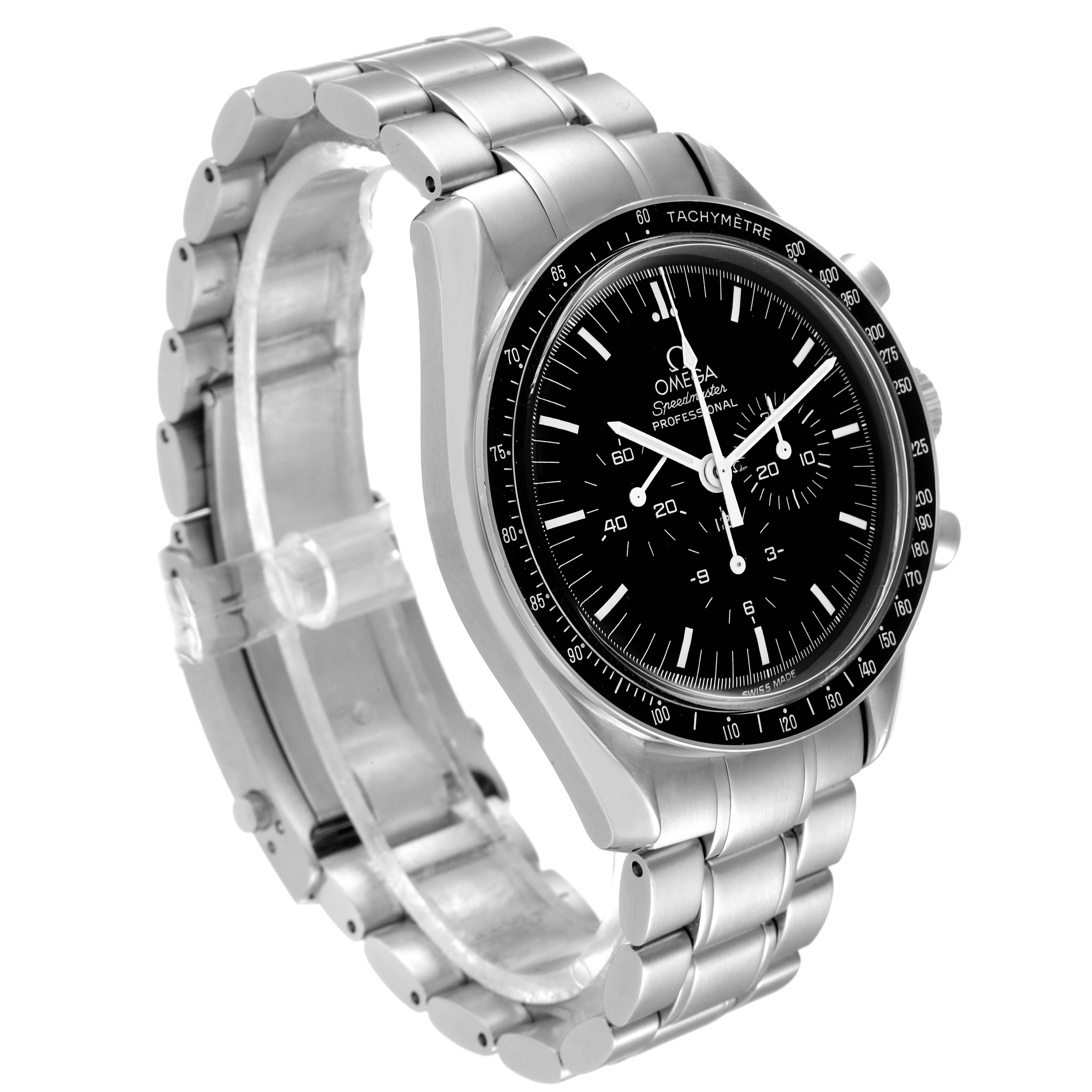 The Omega Speedmaster 3570.50.00 Men
s Stainless Steel Black Dial 3570.50.00 Men
s Stainless Steel Black Dial model watch is shown at a three-quarter angle, highlighting its face, bezel, and stainless steel bracelet.