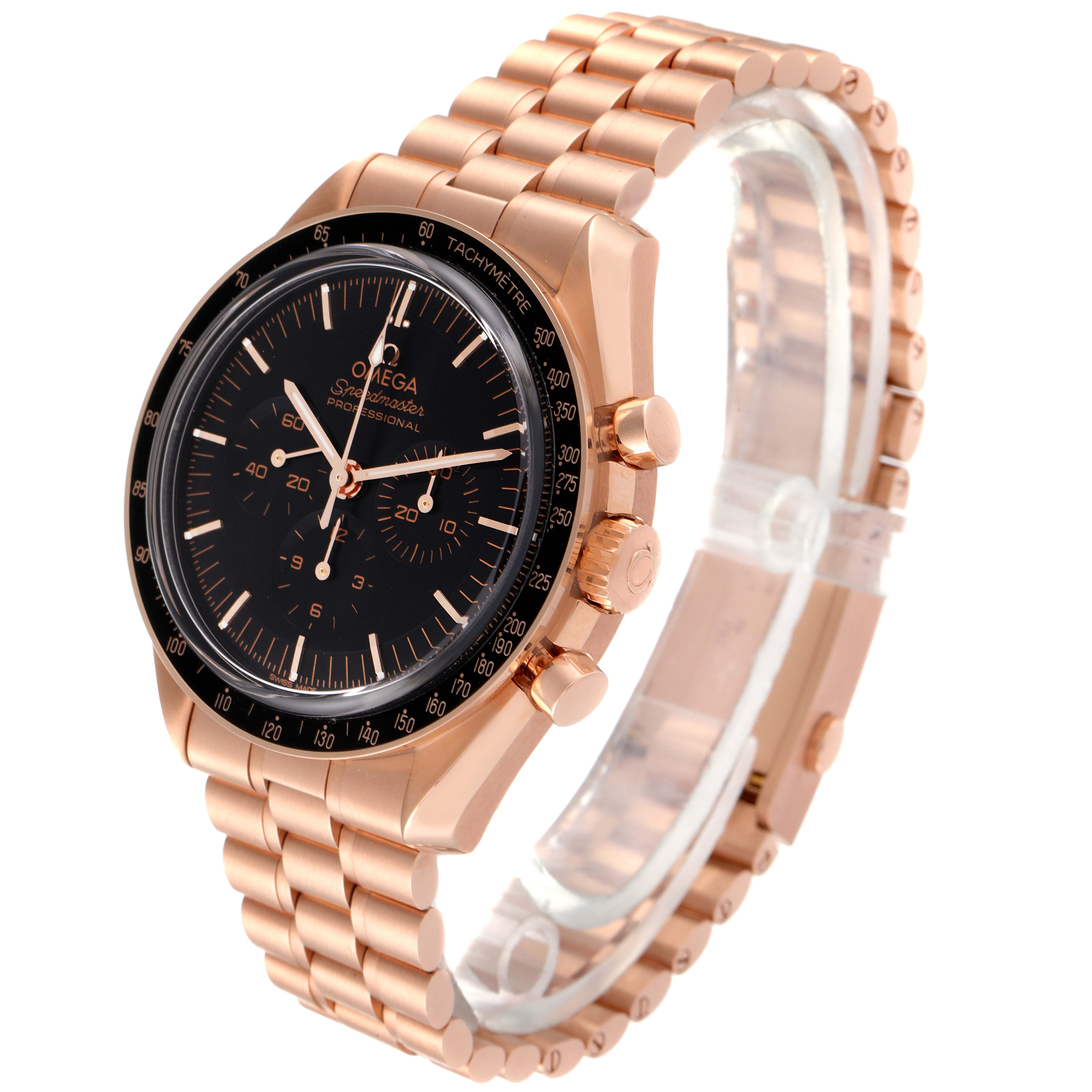 The Omega Speedmaster 310.60.42.50.01.001 Men's Rose Gold Black Dial 310.60.42.50.01.001 Men's Rose Gold Black Dial watch is shown from an angled perspective, highlighting its rose gold bracelet, case, and black dial.