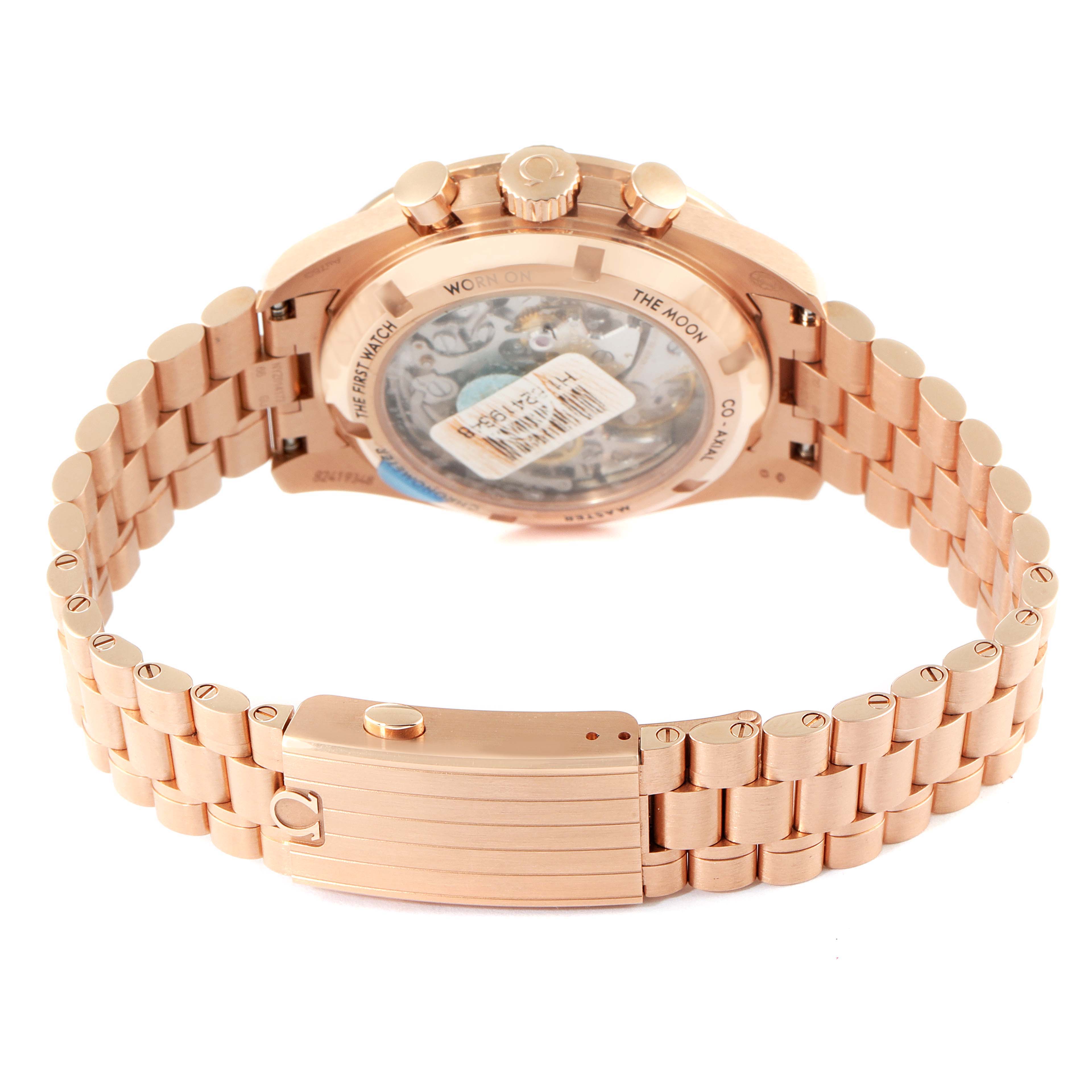 This image shows the back view of an Omega Speedmaster 310.60.42.50.01.001 Men's Rose Gold Black Dial 310.60.42.50.01.001 Men's Rose Gold Black Dial watch, highlighting the case back, bracelet, and clasp.