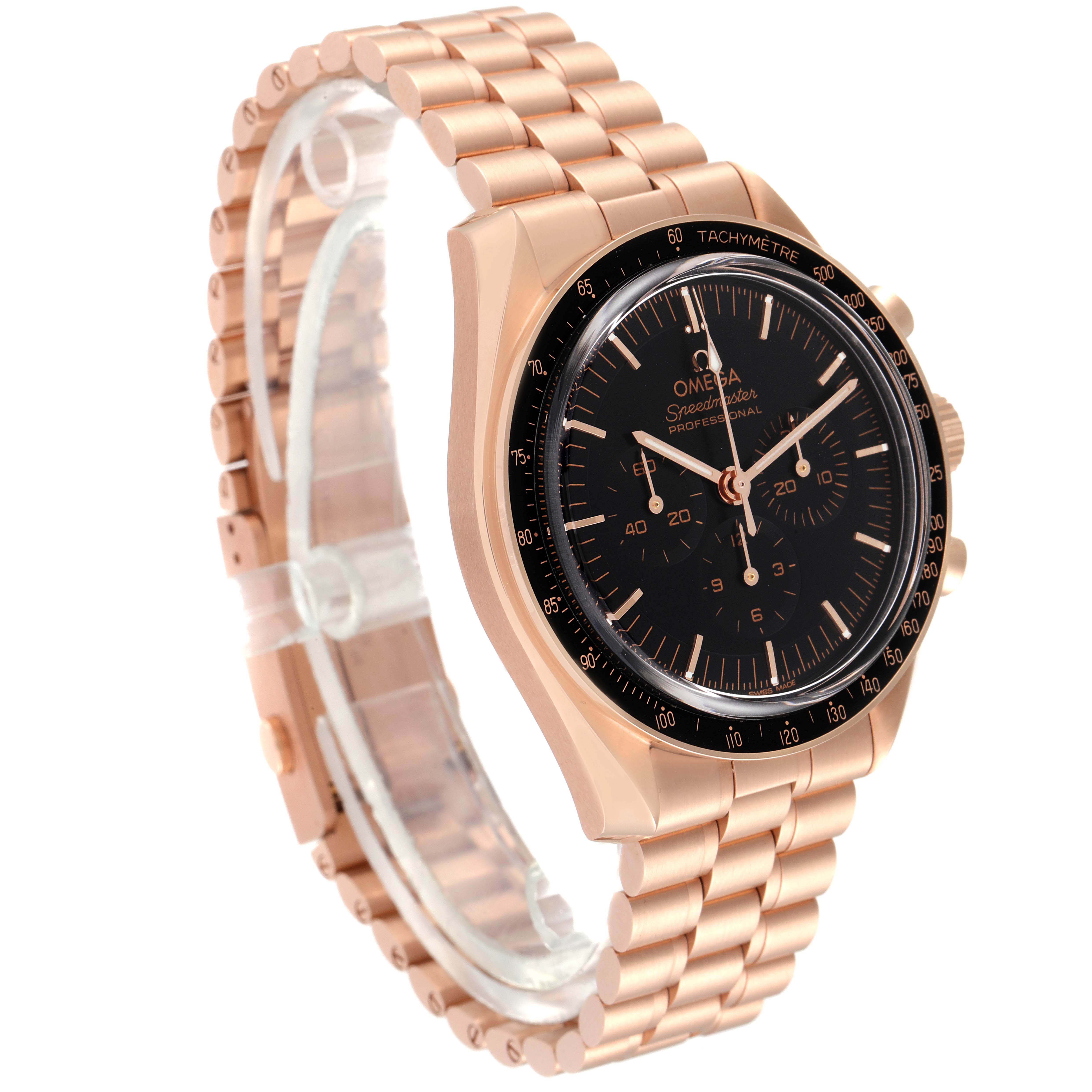 The image shows a side-angle view of the Omega Speedmaster 310.60.42.50.01.001 Men's Rose Gold Black Dial 310.60.42.50.01.001 Men's Rose Gold Black Dial, highlighting its rose gold bracelet and black dial.