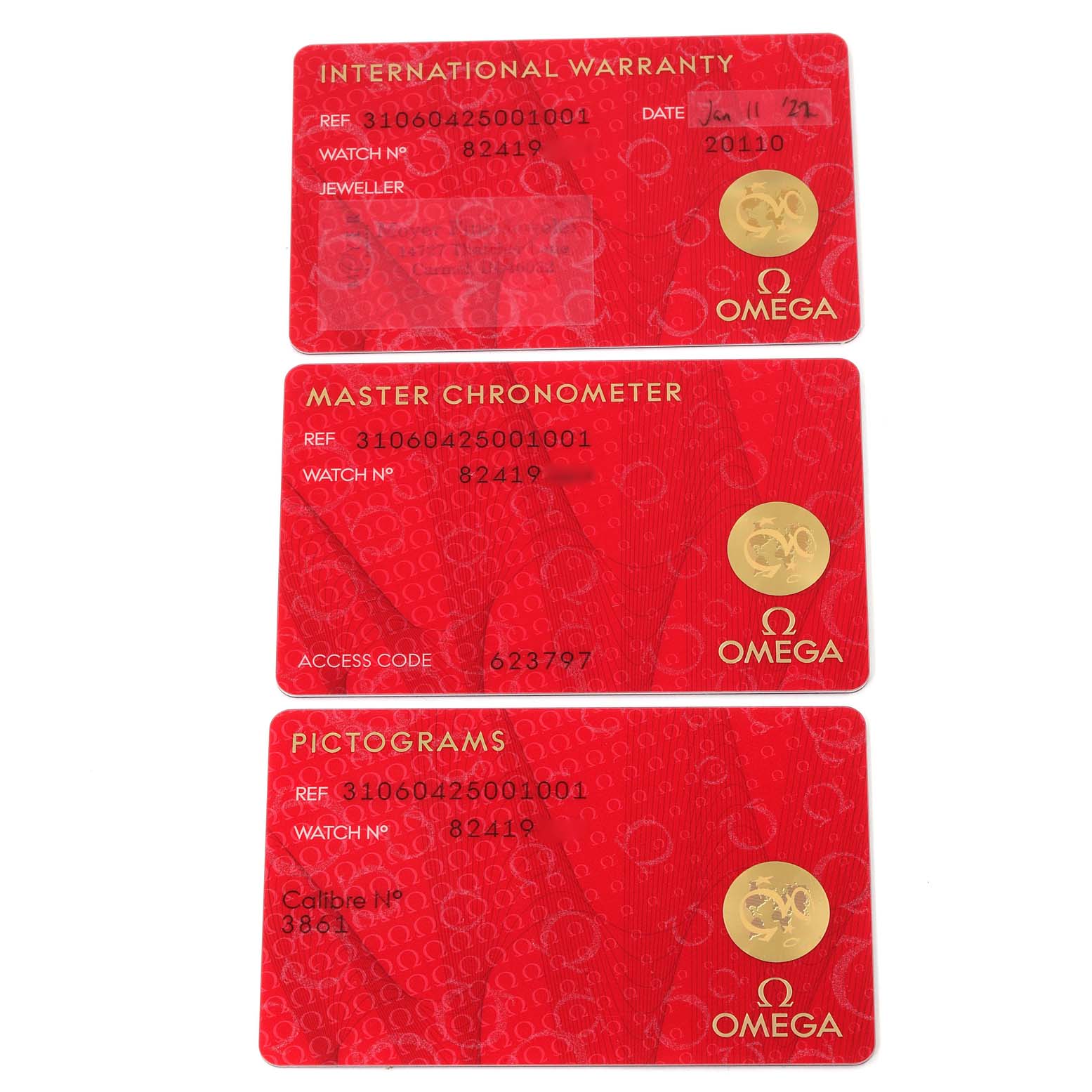 The image shows warranty, master chronometer, and pictograms cards for the Omega Speedmaster 310.60.42.50.01.001 Men's Rose Gold Black Dial 310.60.42.50.01.001 Men's Rose Gold Black Dial model.