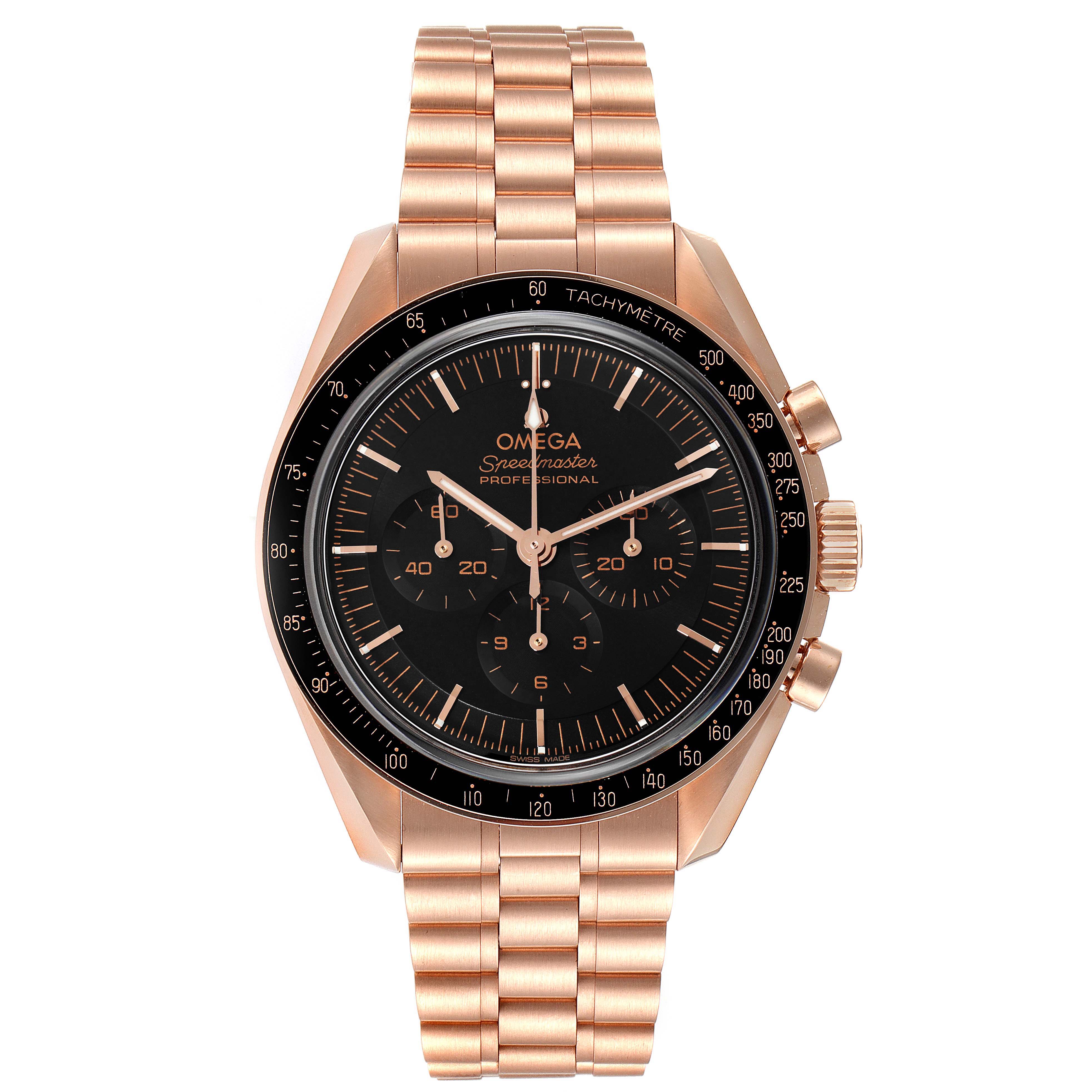 This image shows a frontal view of an Omega Speedmaster 310.60.42.50.01.001 Men's Rose Gold Black Dial 310.60.42.50.01.001 Men's Rose Gold Black Dial watch, highlighting its black dial, tachymeter bezel, and metal bracelet.