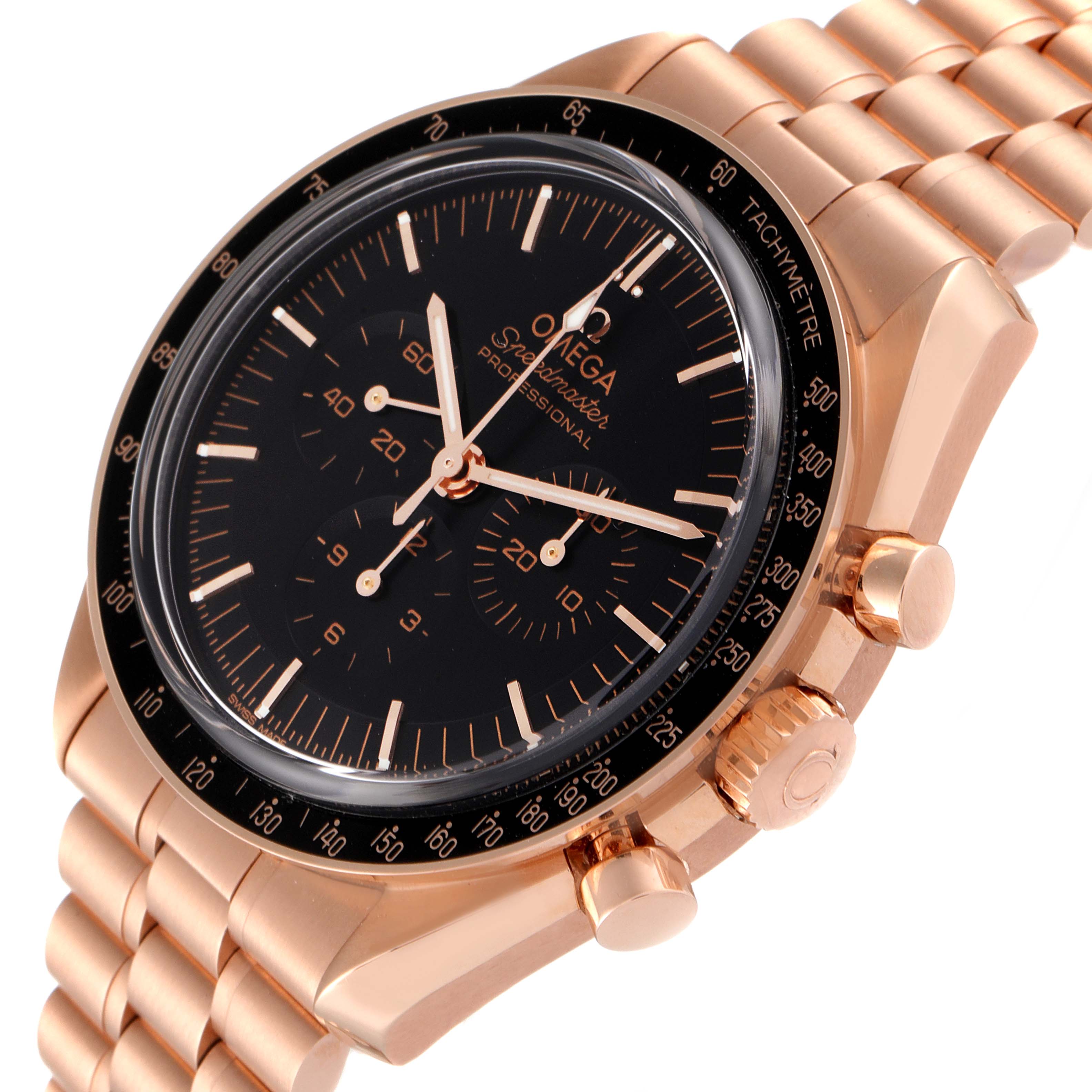 The image shows the Omega Speedmaster 310.60.42.50.01.001 Men's Rose Gold Black Dial 310.60.42.50.01.001 Men's Rose Gold Black Dial watch at a three-quarter angle, highlighting the dial, bezel, crown, pushers, and bracelet.