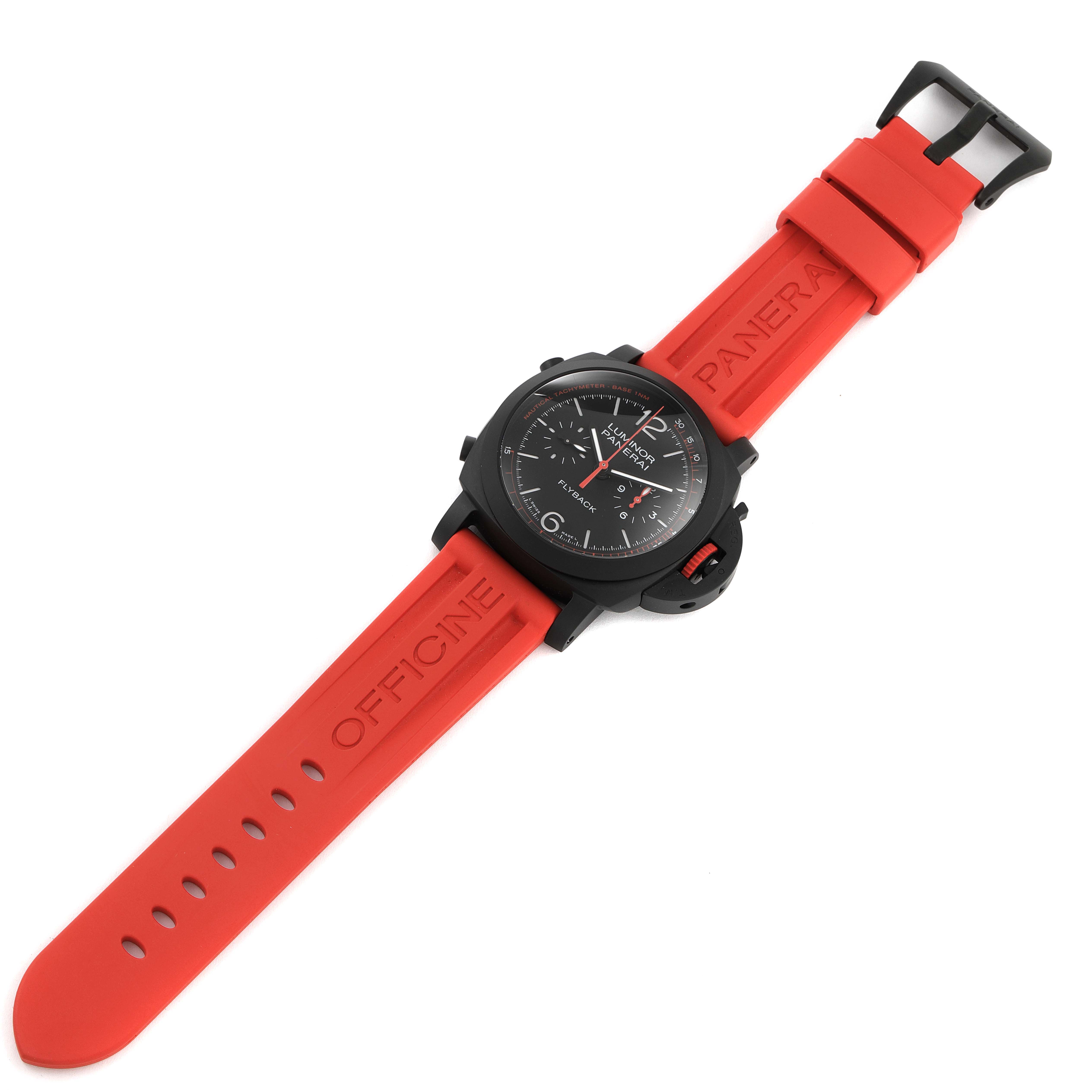 The image shows a Panerai Luminor PAM01275 Men's Ceramic Black Dial PAM01275 Men's Ceramic Black Dial watch with a black dial and red straps, angled slightly from above.