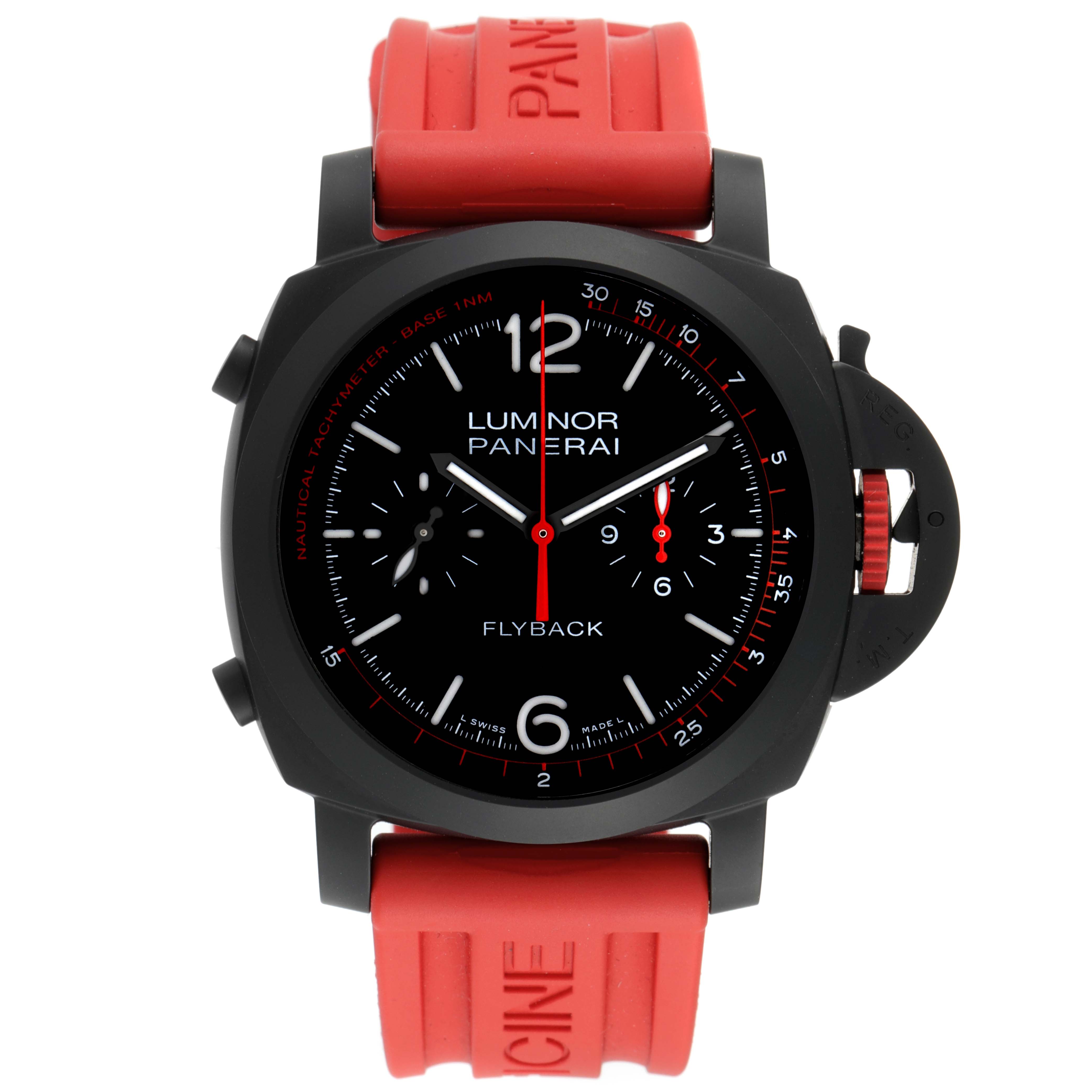 The image shows a front view of a Panerai Luminor PAM01275 Men's Ceramic Black Dial PAM01275 Men's Ceramic Black Dial Flyback watch with a red strap and black dial.