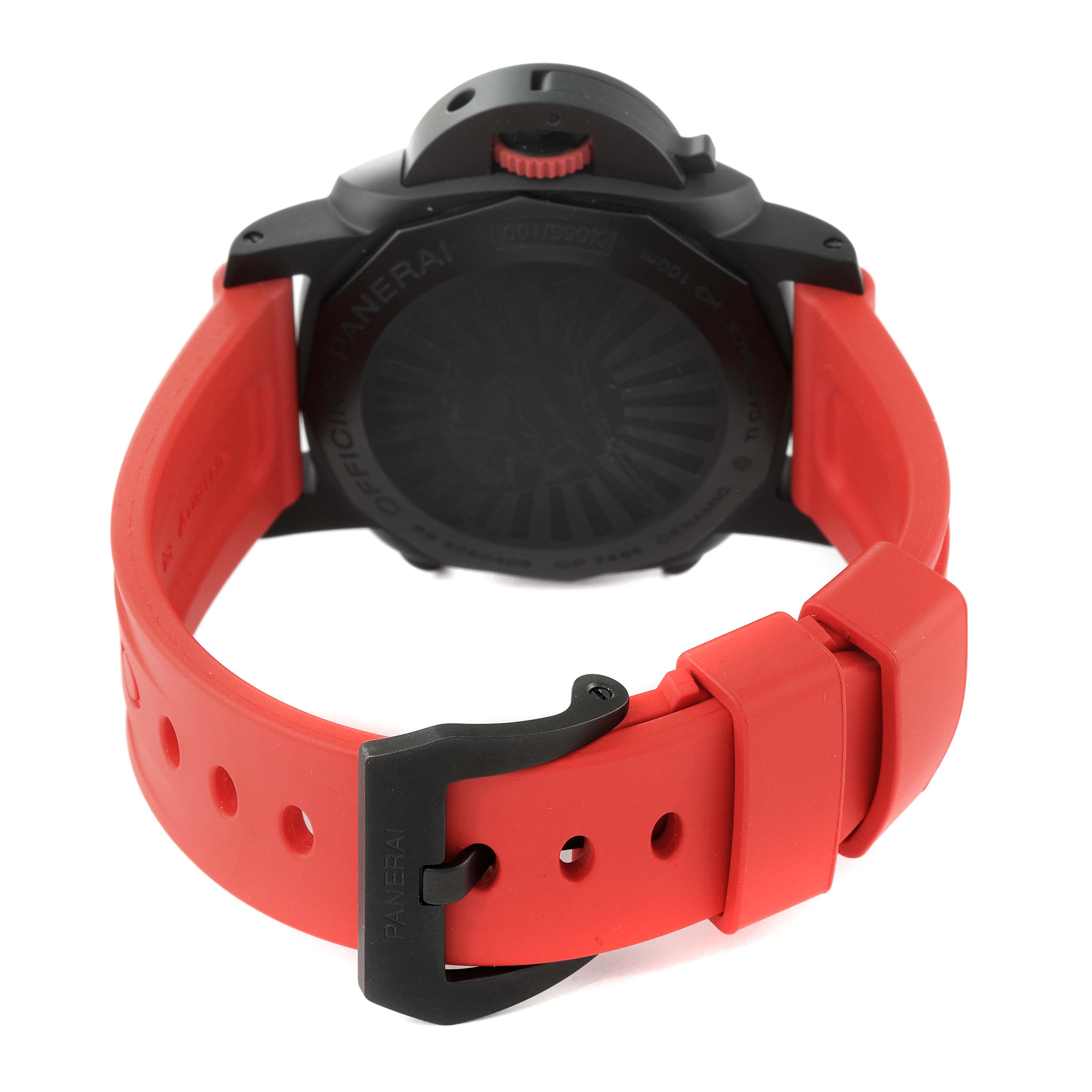 The image shows the back of a Panerai Luminor PAM01275 Men's Ceramic Black Dial PAM01275 Men's Ceramic Black Dial watch with a red strap and black buckle clasp.