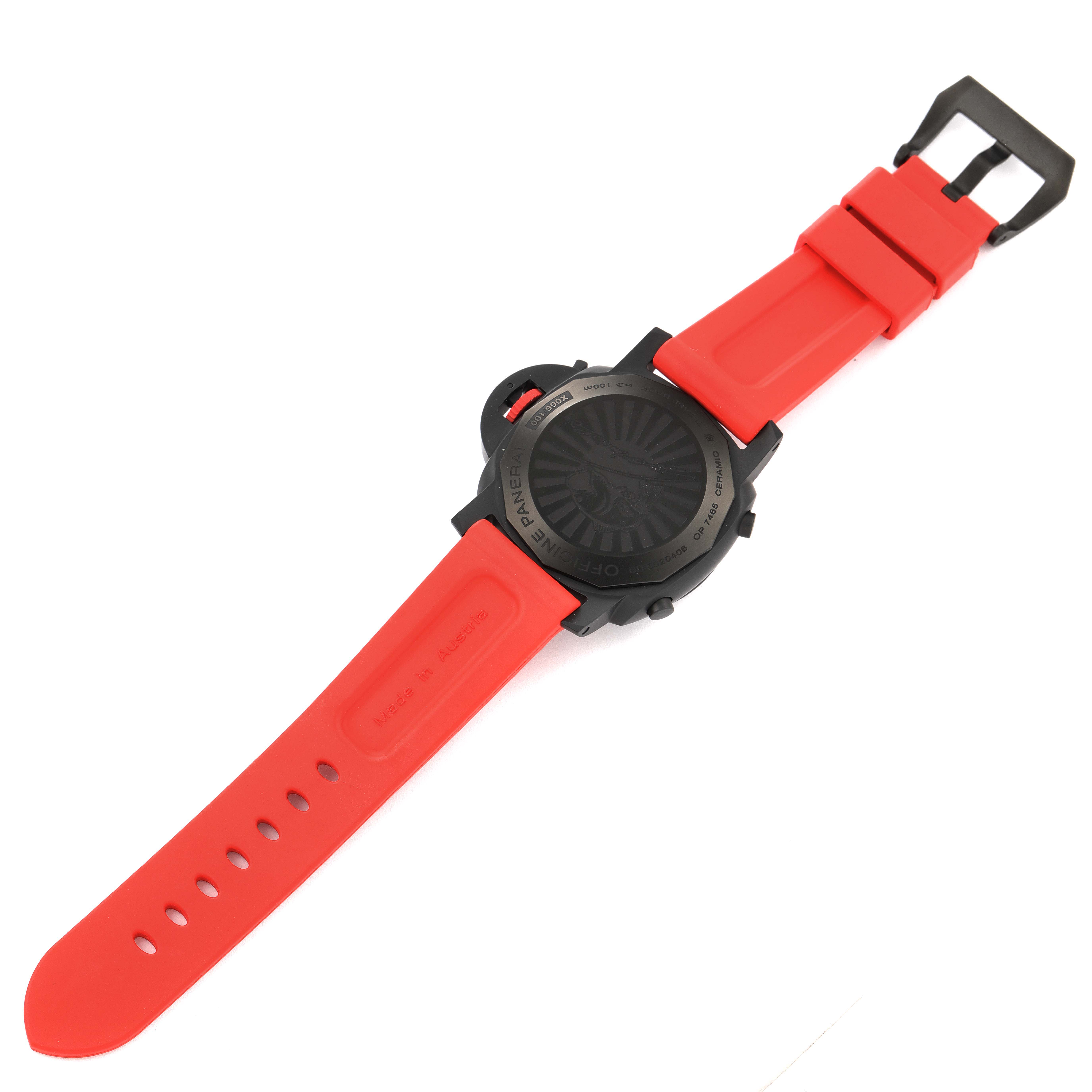 The image shows the back view of a Panerai Luminor PAM01275 Men's Ceramic Black Dial PAM01275 Men's Ceramic Black Dial watch with a red rubber strap and black buckle.