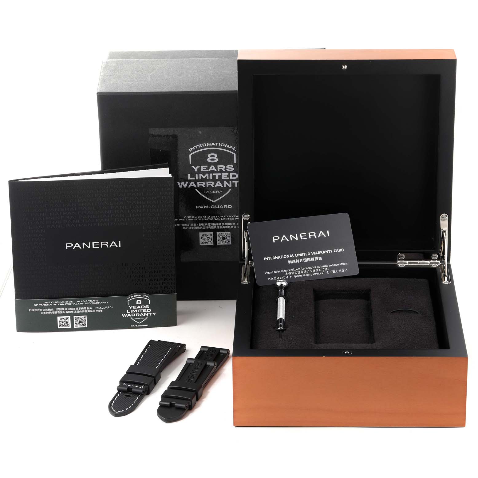 The image shows the box and accessories for a Panerai Luminor PAM01275 Men's Ceramic Black Dial PAM01275 Men's Ceramic Black Dial, including additional straps, tools, and warranty paperwork, displayed from a top view.