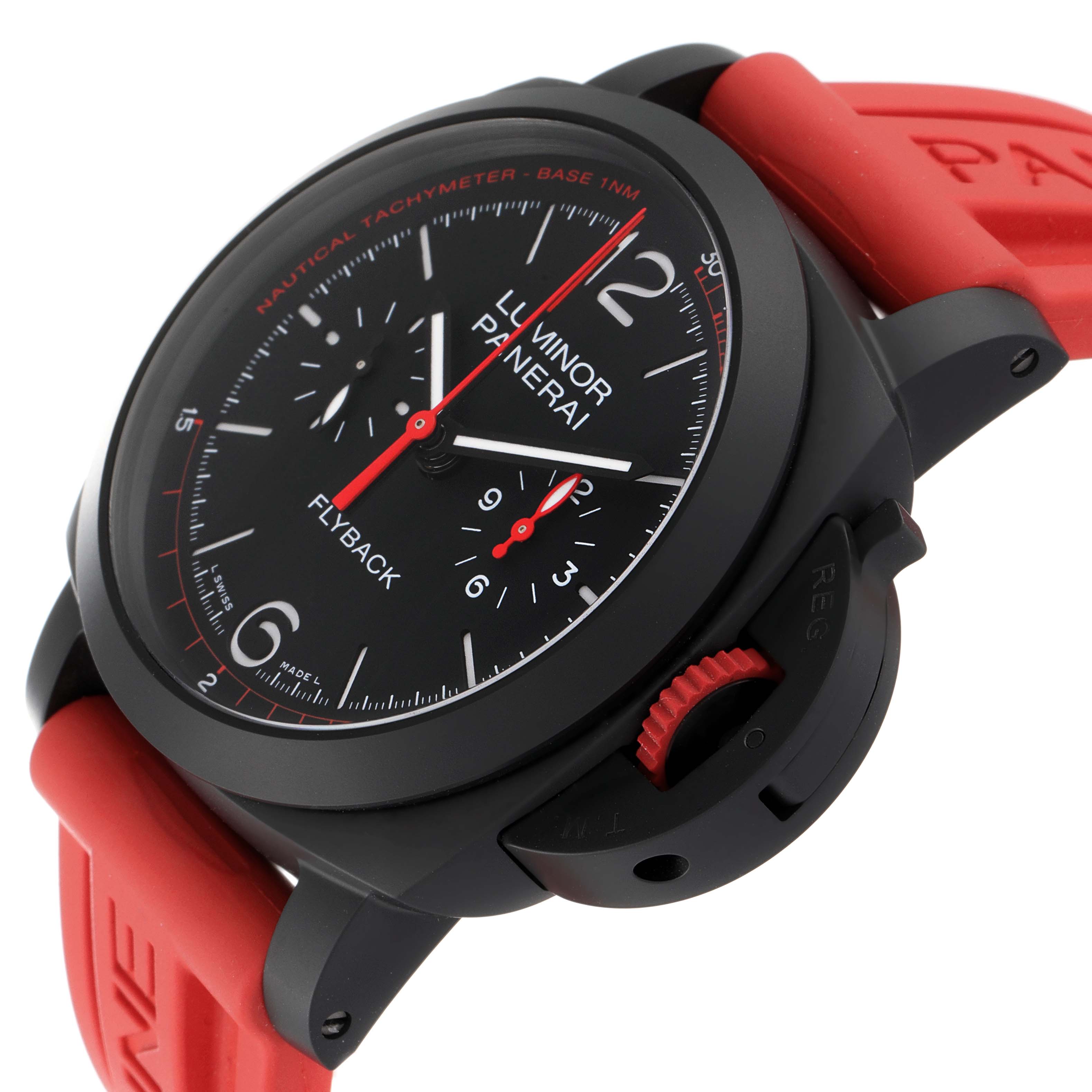 The image shows a side view of a Panerai Luminor PAM01275 Men's Ceramic Black Dial PAM01275 Men's Ceramic Black Dial model watch with a red strap and prominent crown guard.