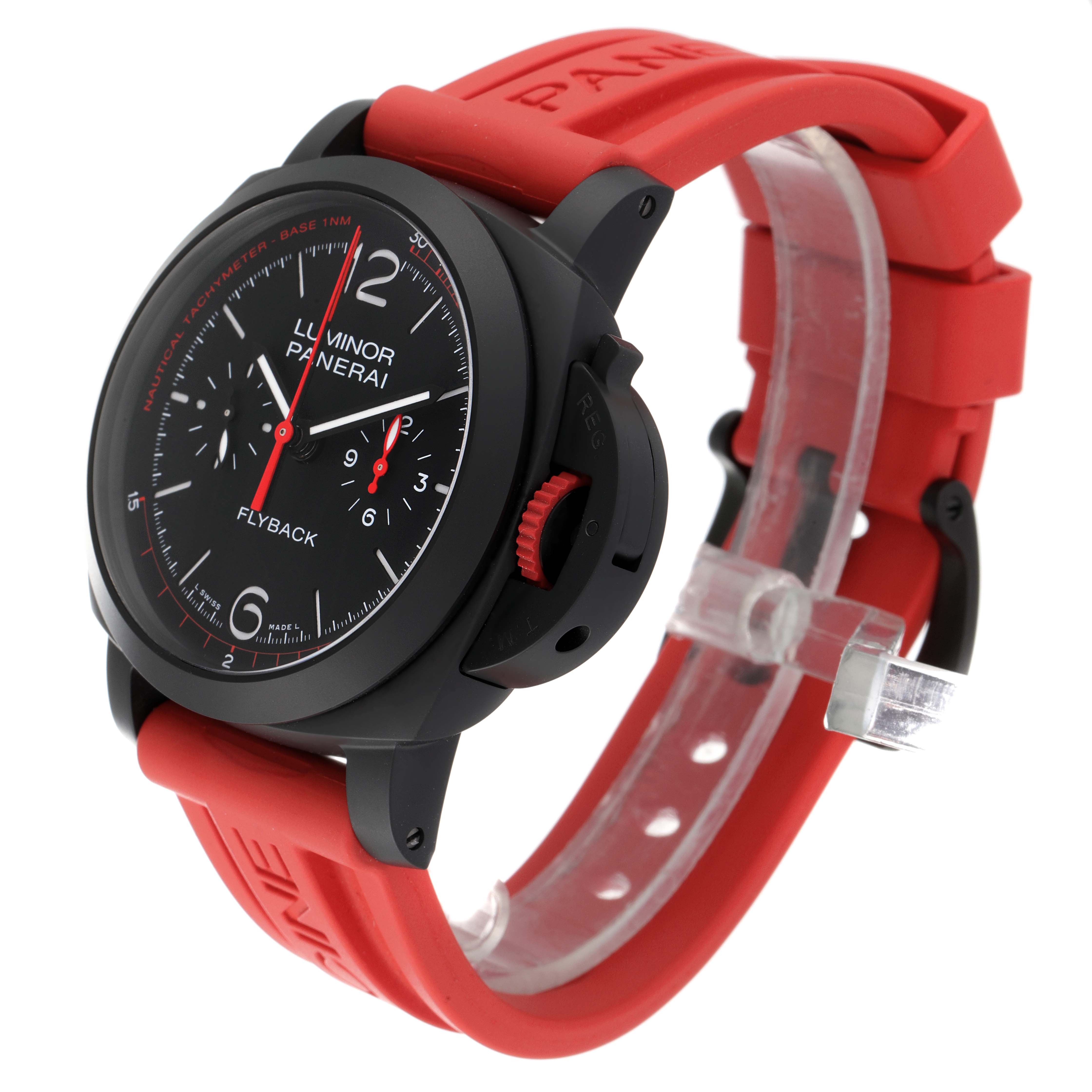 The image shows a side angle view of a Panerai Luminor PAM01275 Men's Ceramic Black Dial PAM01275 Men's Ceramic Black Dial watch featuring a black dial and red strap.