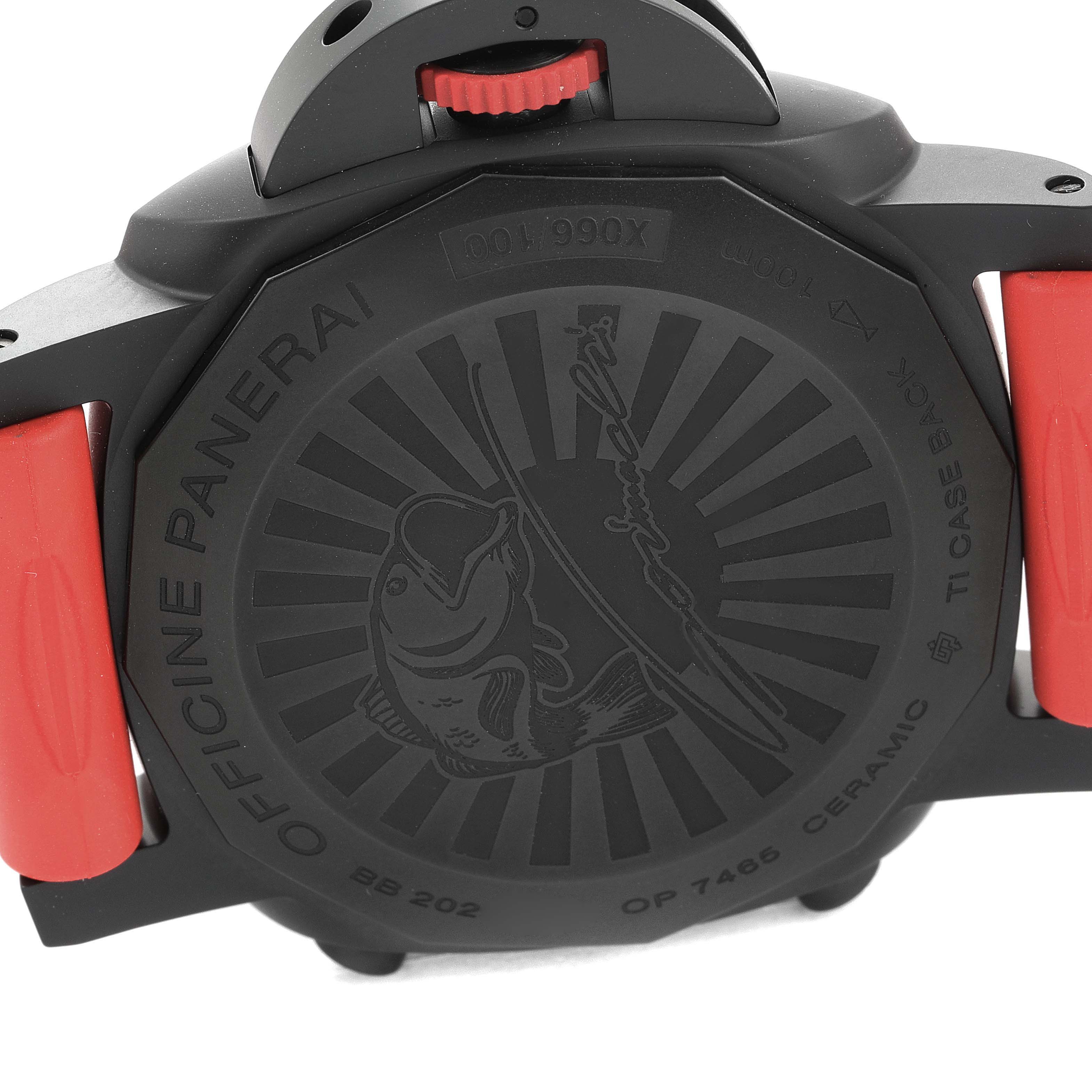 This image shows the case back of the Panerai Luminor PAM01275 Men's Ceramic Black Dial PAM01275 Men's Ceramic Black Dial watch, highlighting its detailed engravings and red strap attachments.
