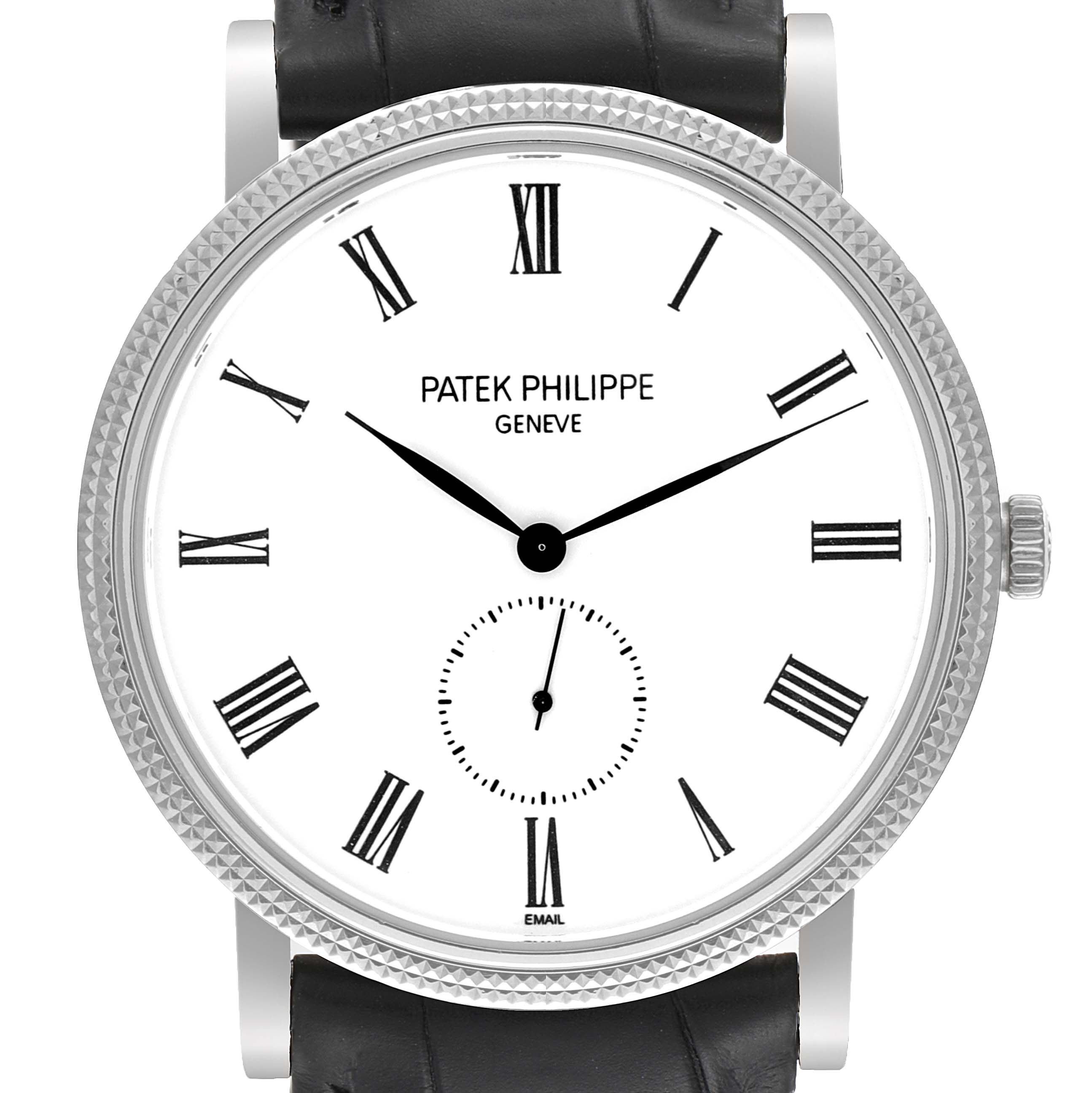 This image shows a front view of the Patek Philippe Calatrava 5116G Men's White Gold White Dial 5116G Men's White Gold White Dial watch, highlighting the dial, hands, and part of the leather strap.