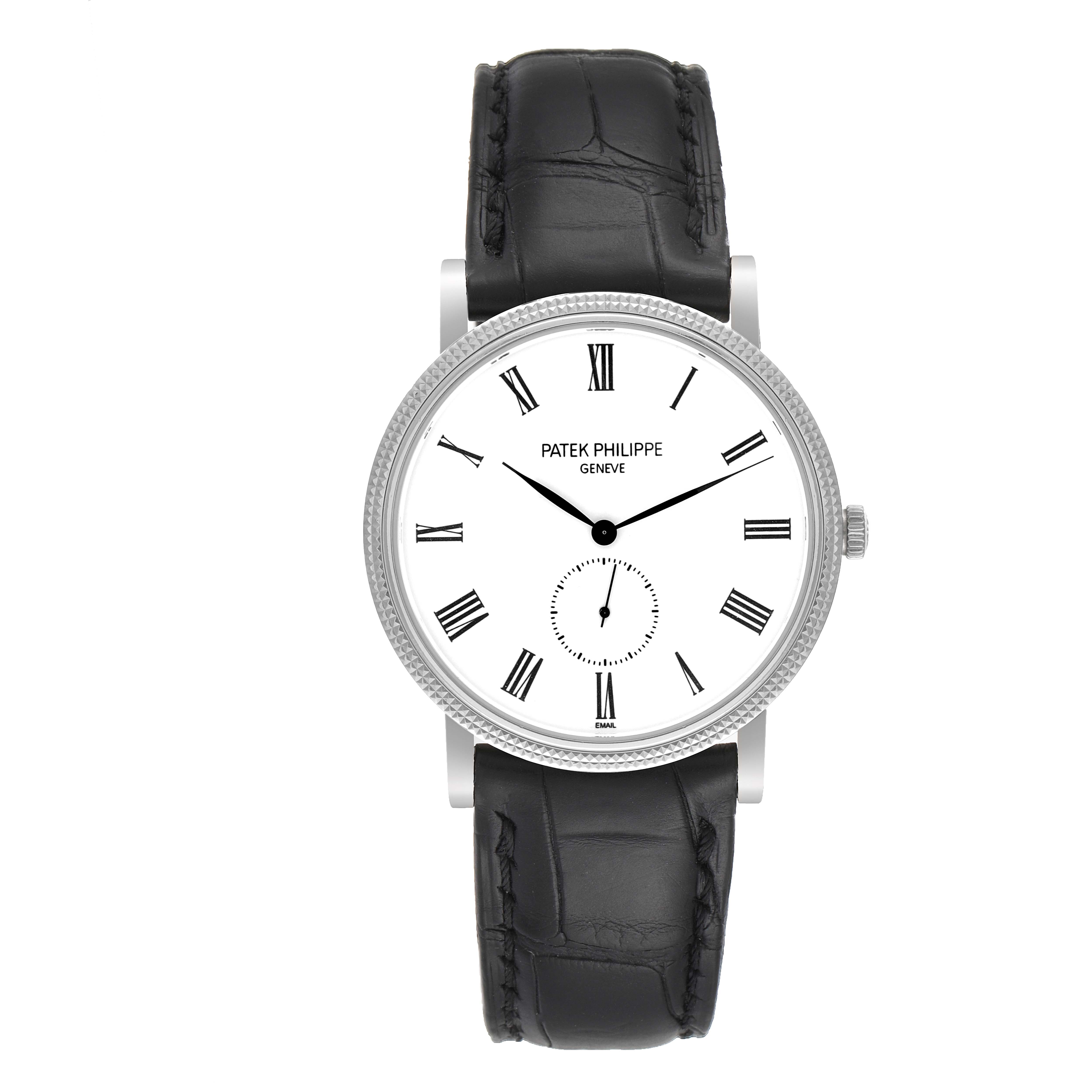 The image shows a Patek Philippe Calatrava 5116G Men's White Gold White Dial 5116G Men's White Gold White Dial watch from a front angle, displaying its face, bezel, and black leather strap.
