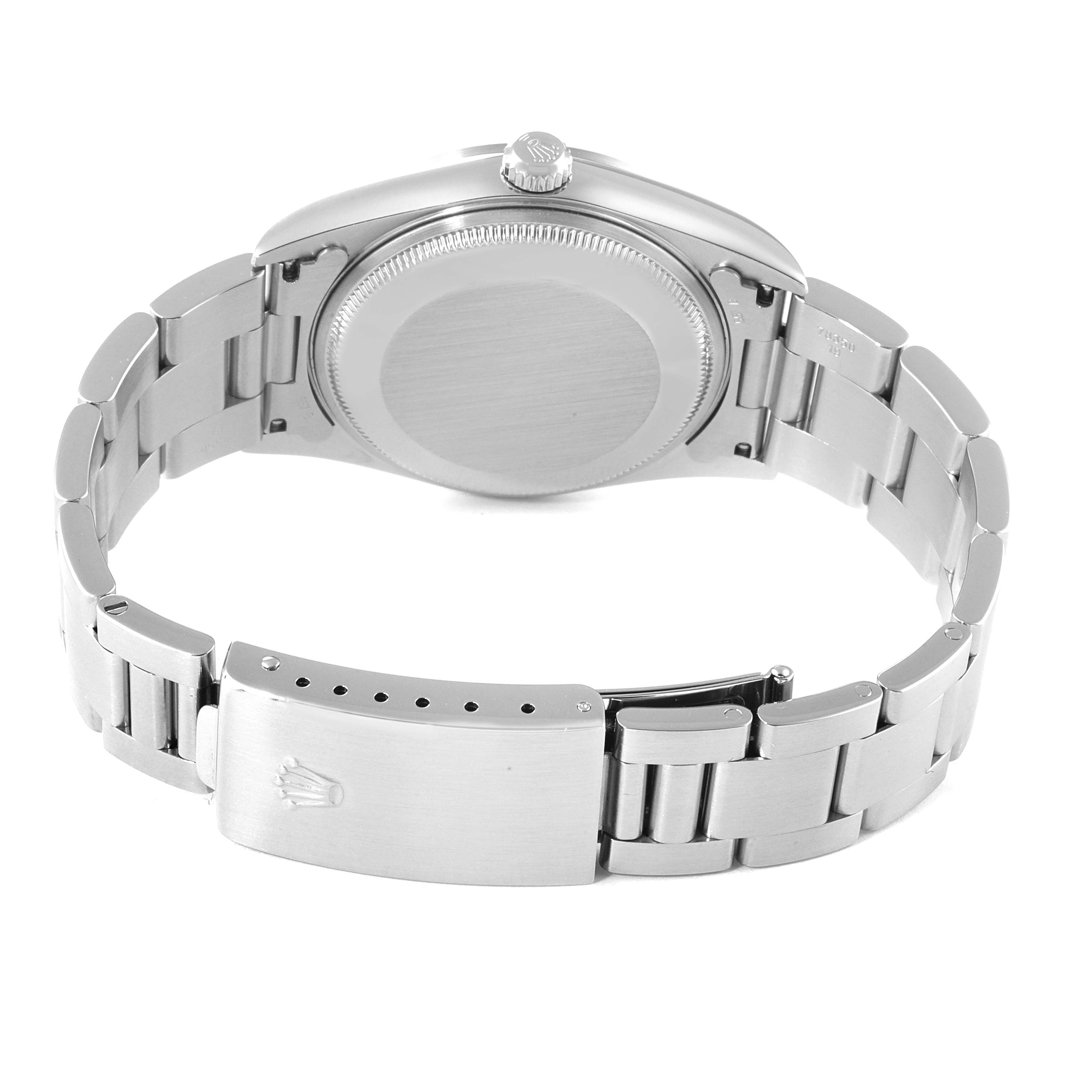 This image shows the back and clasp of the Rolex Air-King 14000 Men's Stainless Steel Pink Dial 14000 Men's Stainless Steel Pink Dial watch.