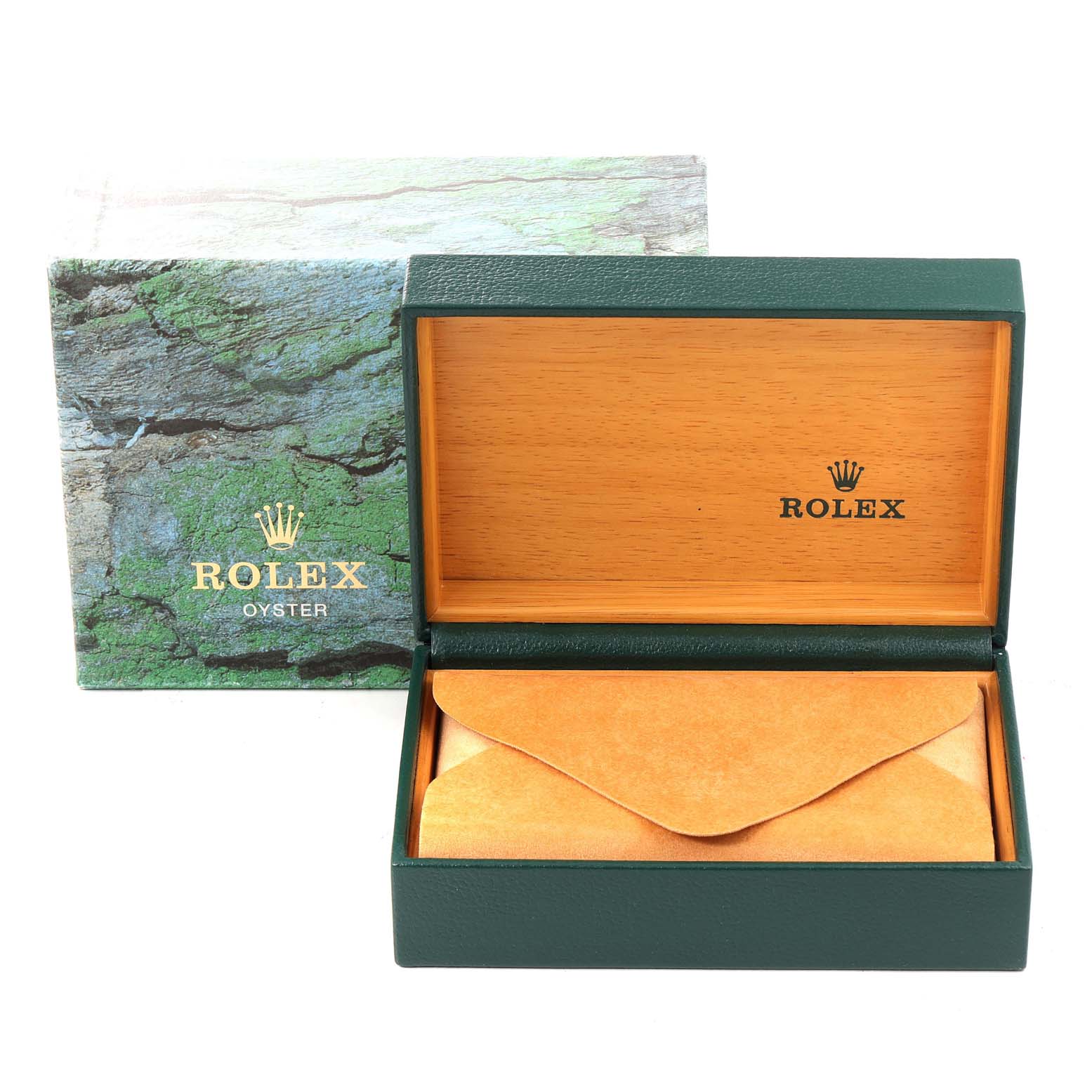 The image shows an open Rolex Air-King 14010 Men's Stainless Steel White Dial 14010 Men's Stainless Steel White Dial watch box, featuring the green exterior and wooden interior with a pouch inside.