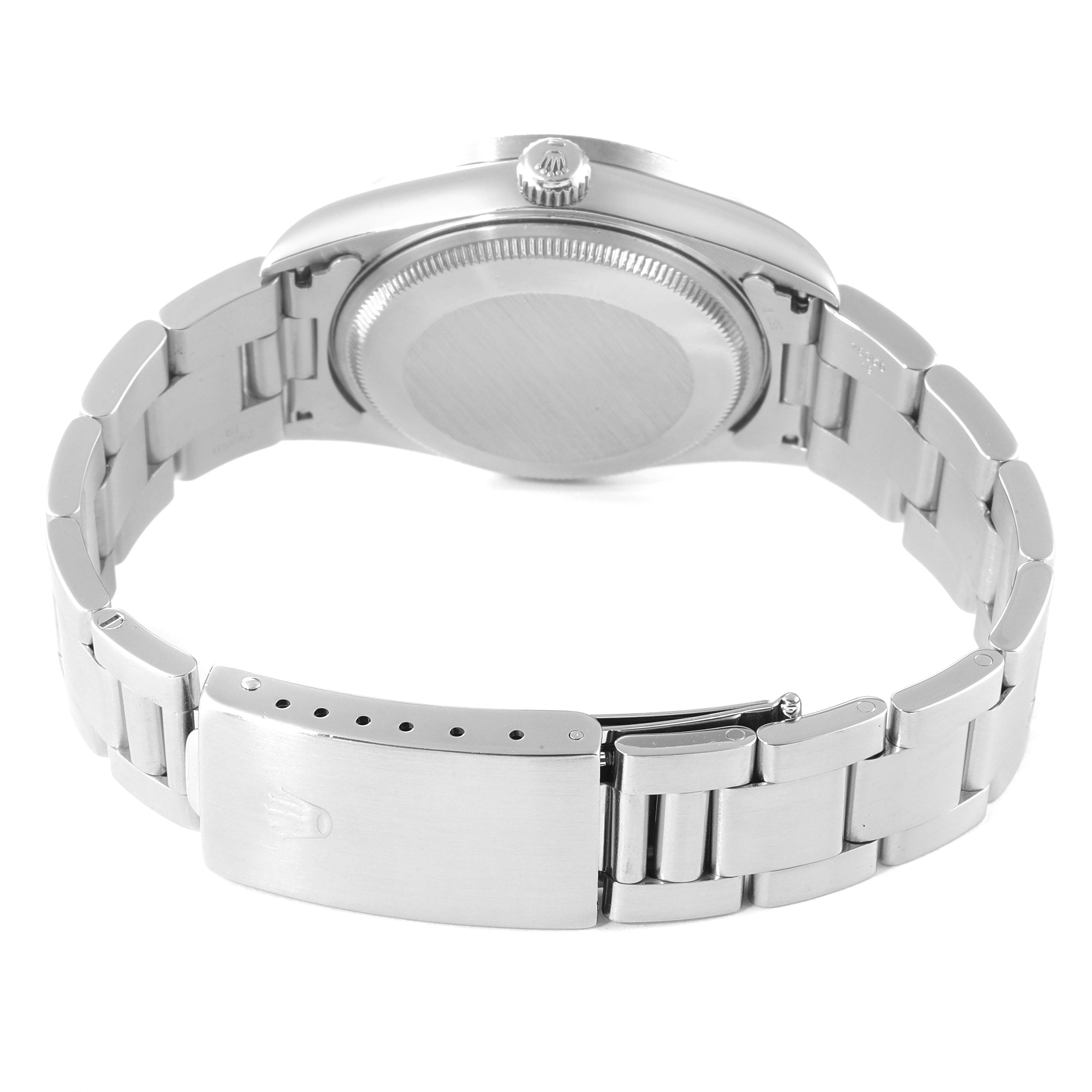 The image shows the back view of a Rolex Air-King 14010 Men's Stainless Steel White Dial 14010 Men's Stainless Steel White Dial watch, highlighting the bracelet and clasp.