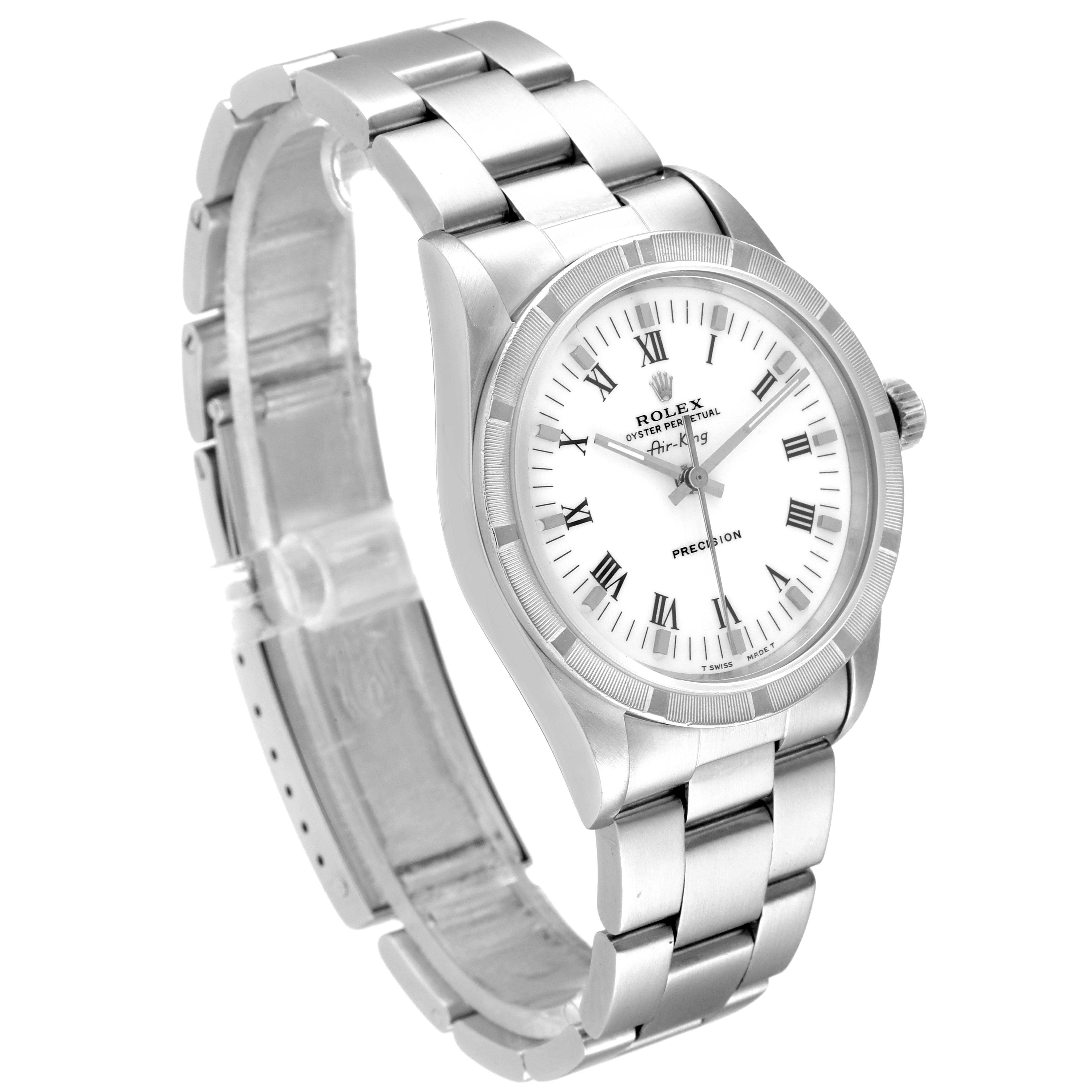 The image shows a Rolex Air-King 14010 Men's Stainless Steel White Dial 14010 Men's Stainless Steel White Dial watch at an angled view, highlighting its bracelet, bezel, and dial with Roman numerals.