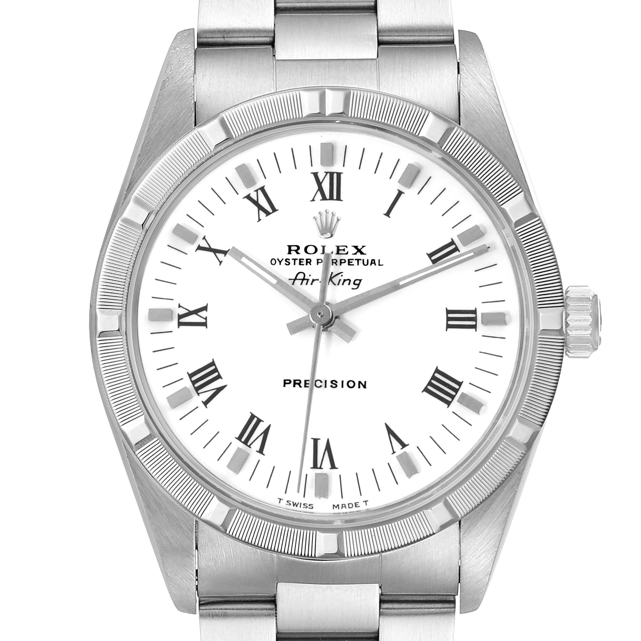 The image shows a front view of the Rolex Air-King 14010 Men's Stainless Steel White Dial 14010 Men's Stainless Steel White Dial watch, highlighting the dial, Roman numerals, and bezel.