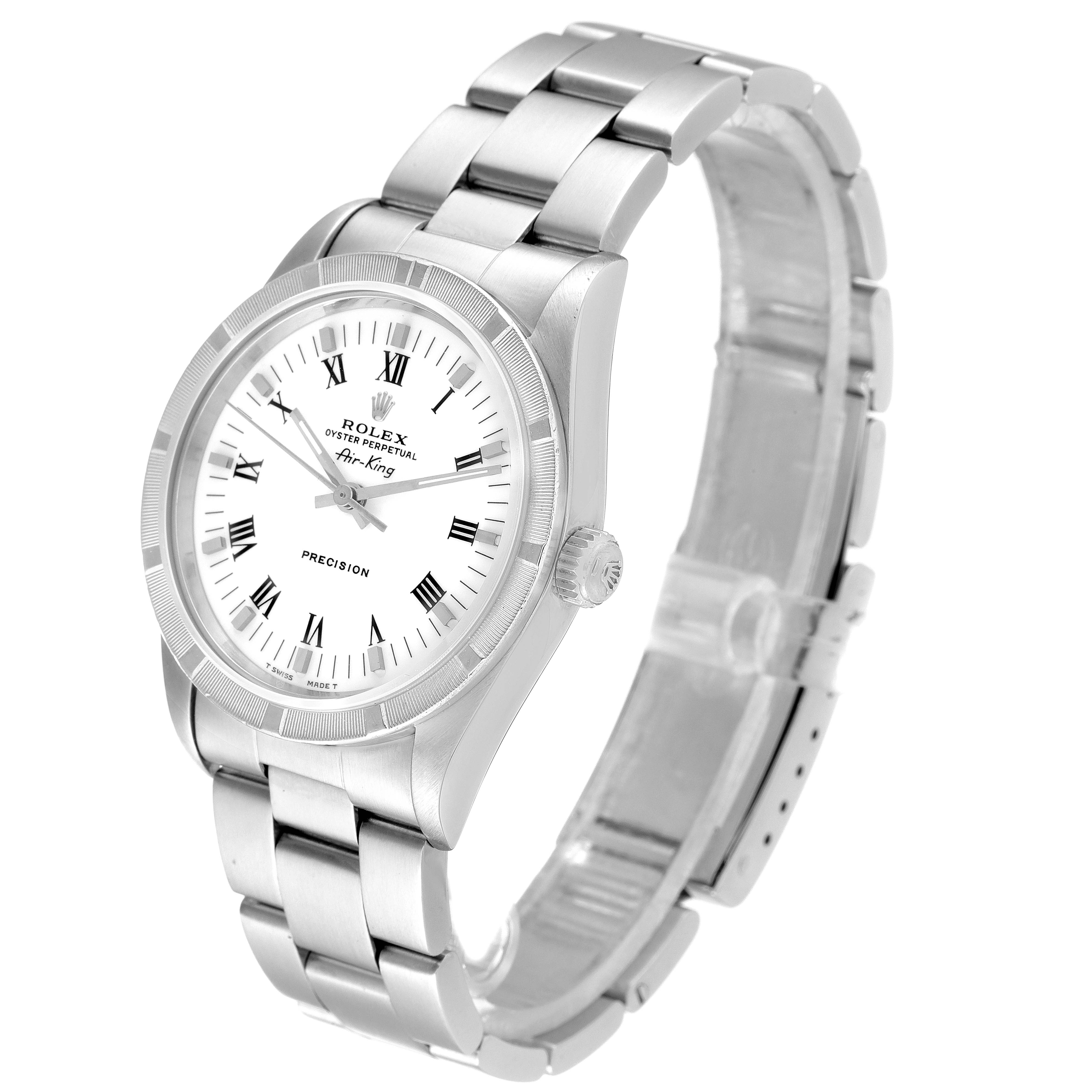 This image shows a Rolex Air-King 14010 Men's Stainless Steel White Dial 14010 Men's Stainless Steel White Dial watch from a slight side angle displaying its face, bezel, and metal bracelet.