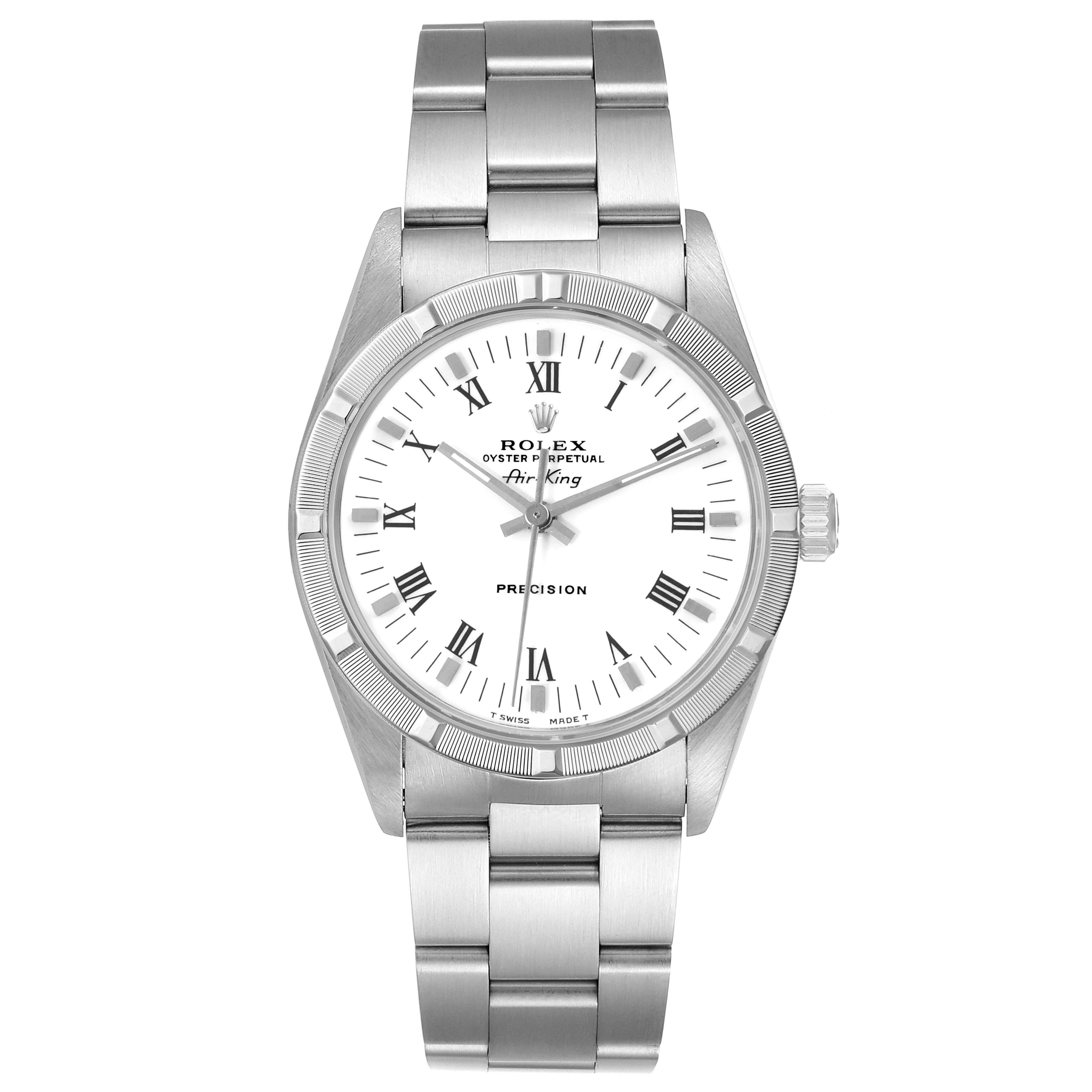 The image shows a front view of a Rolex Air-King 14010 Men's Stainless Steel White Dial 14010 Men's Stainless Steel White Dial watch, displaying the dial, bezel, case, crown, and bracelet.