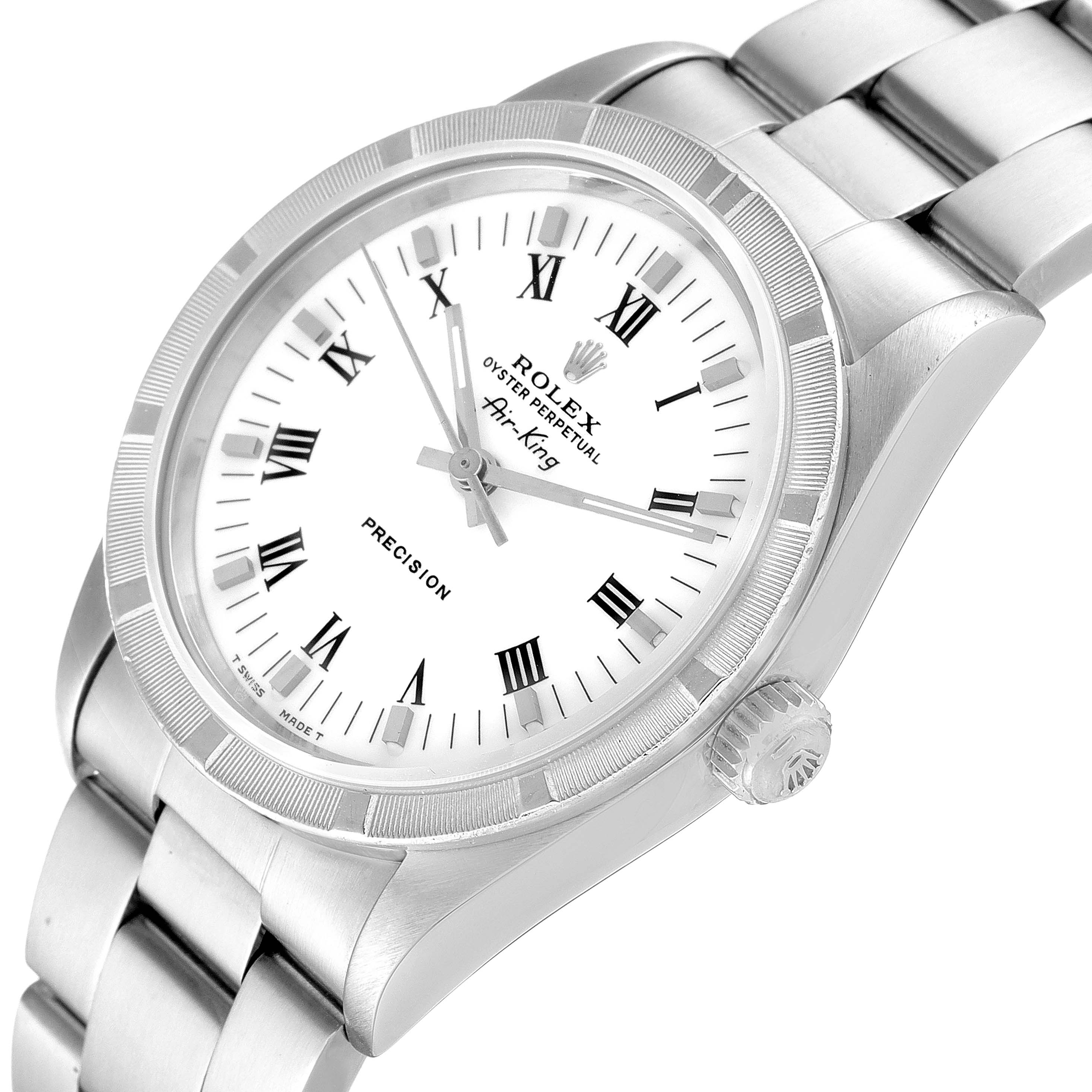 The image shows the Rolex Air-King 14010 Men's Stainless Steel White Dial 14010 Men's Stainless Steel White Dial watch from a three-quarter angle, highlighting the dial, bezel, and bracelet.
