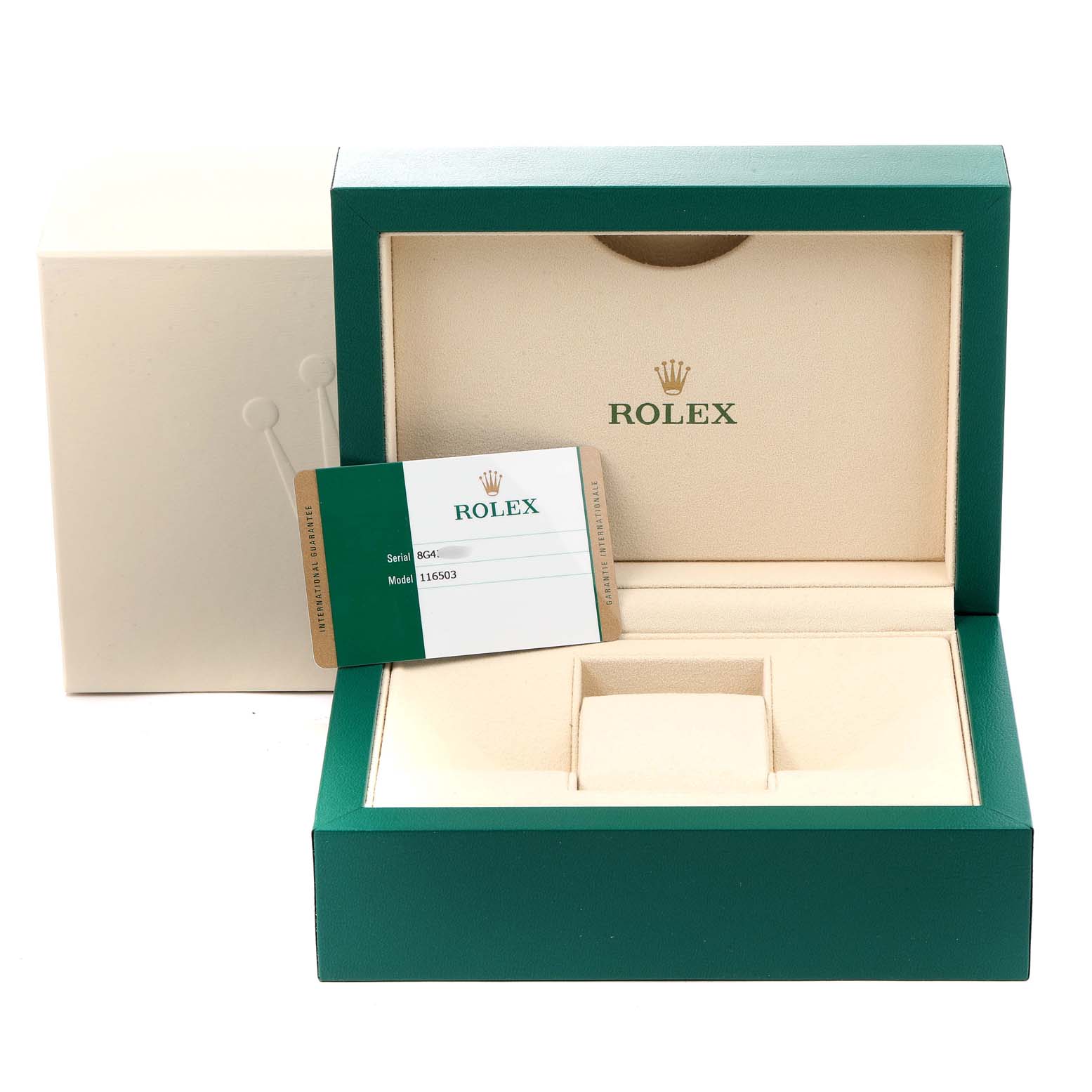 The image shows a Rolex Daytona 116503 Men's Steel and Gold (two tone) Mother of Pearl Dial 116503 Men's Steel and Gold (two tone) Mother of Pearl Dial watch box with the warranty card displayed on top of it.