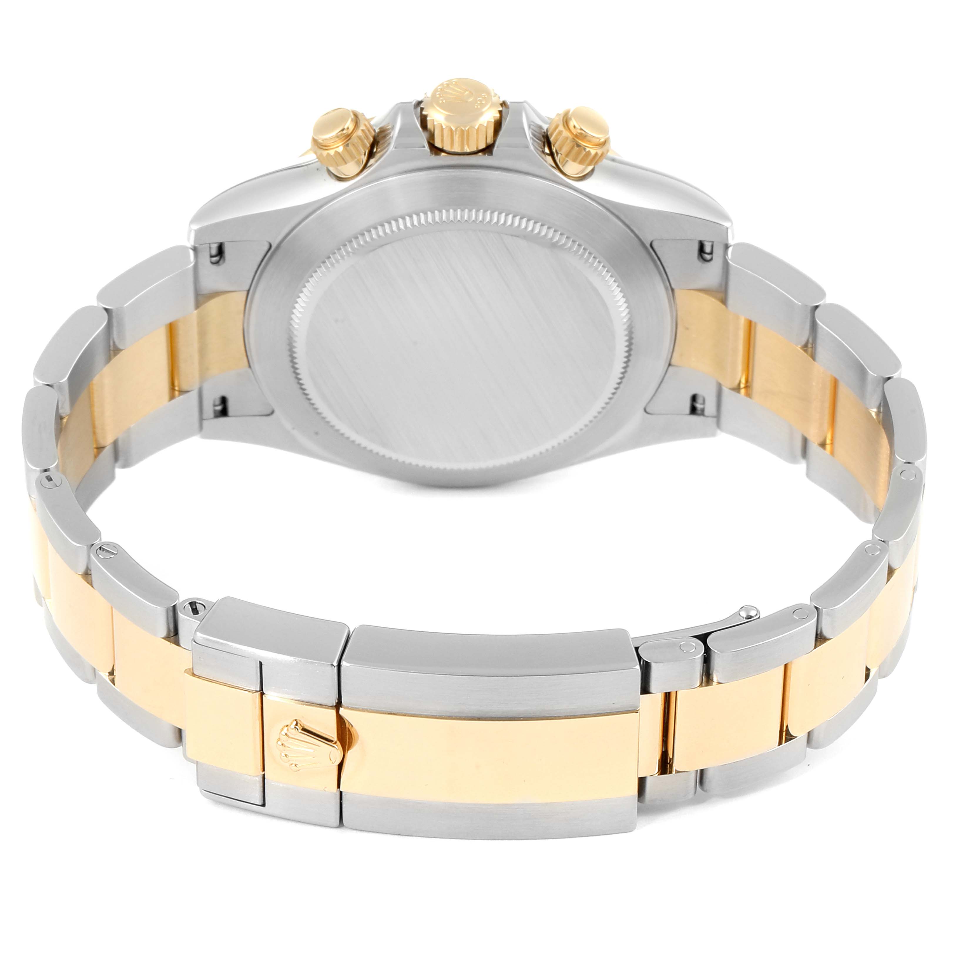 The image shows the back view of a Rolex Daytona 116503 Men's Steel and Gold (two tone) Mother of Pearl Dial 116503 Men's Steel and Gold (two tone) Mother of Pearl Dial watch, highlighting its bracelet, clasp, and chronograph pushers.