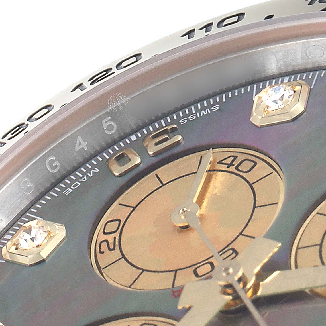 The image shows a close-up angle of the face of a Rolex Daytona 116503 Men's Steel and Gold (two tone) Mother of Pearl Dial 116503 Men's Steel and Gold (two tone) Mother of Pearl Dial, focusing on the chronograph sub-dial and part of the bezel.