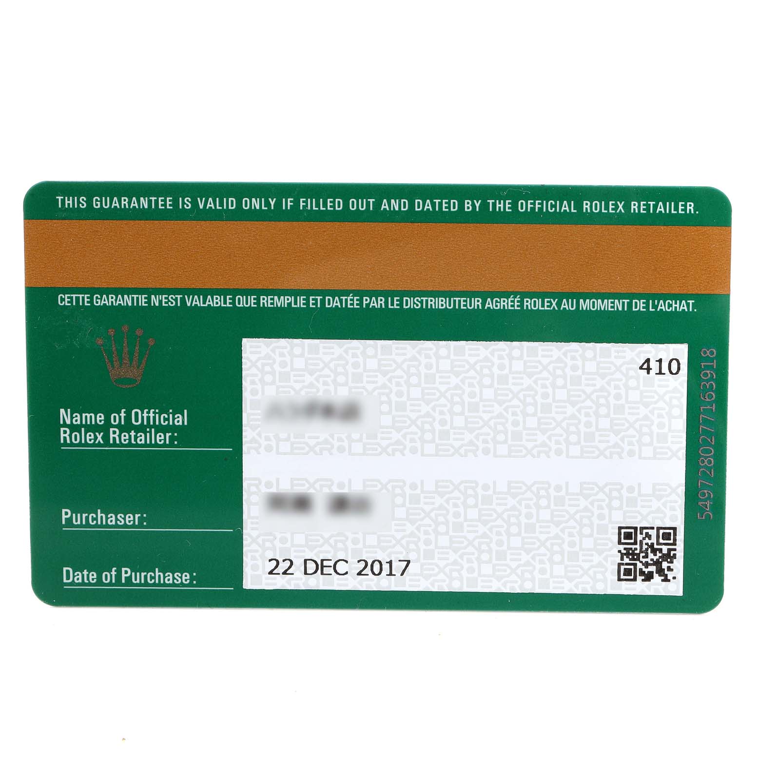 This is a warranty card for a Rolex Daytona 116503 Men's Steel and Gold (two tone) Mother of Pearl Dial 116503 Men's Steel and Gold (two tone) Mother of Pearl Dial model watch, displaying retailer details and purchase date.