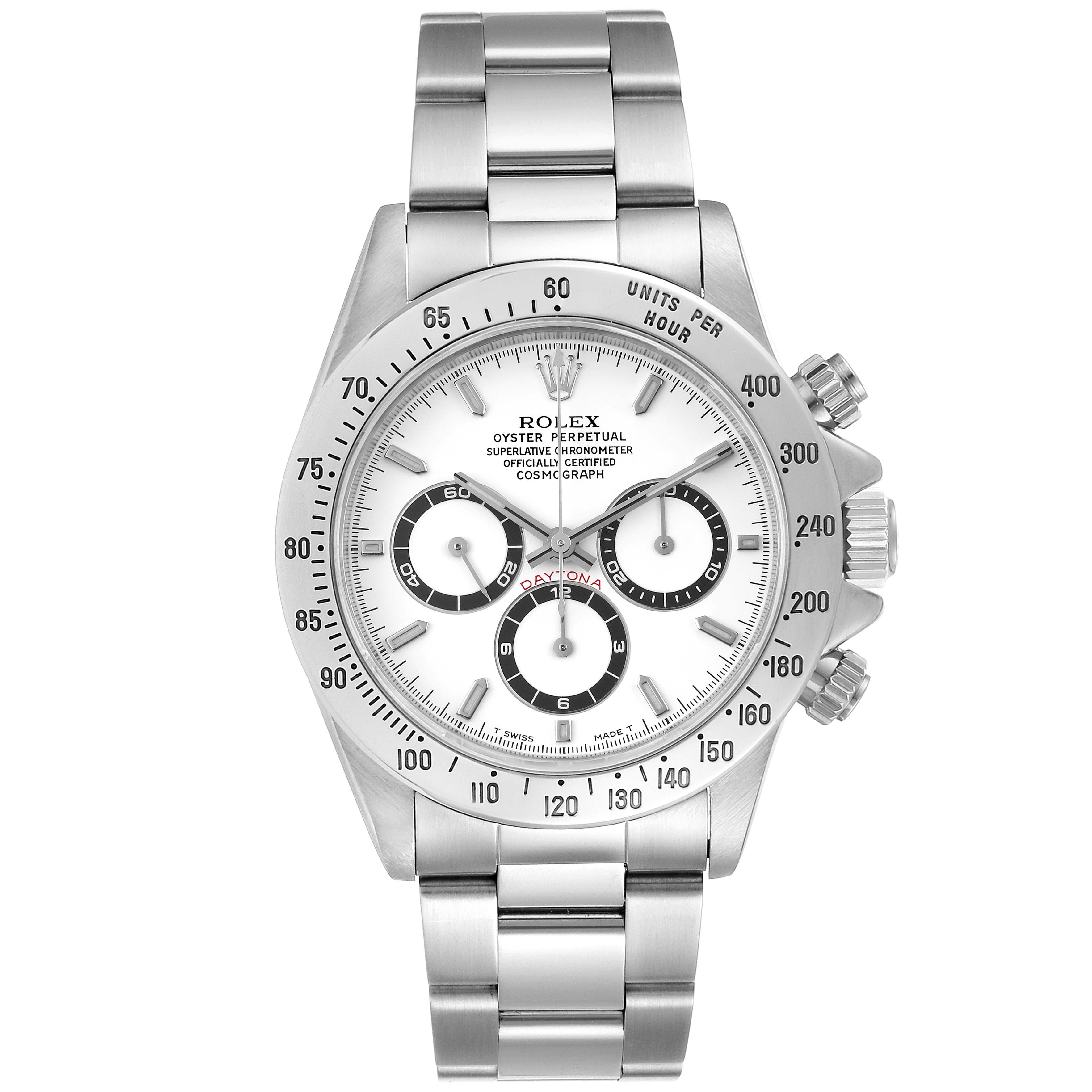 This image shows a front view of a Rolex Daytona 16520 Men's Stainless Steel White Dial 16520 Men's Stainless Steel White Dial watch, highlighting the face, bezel, and bracelet.