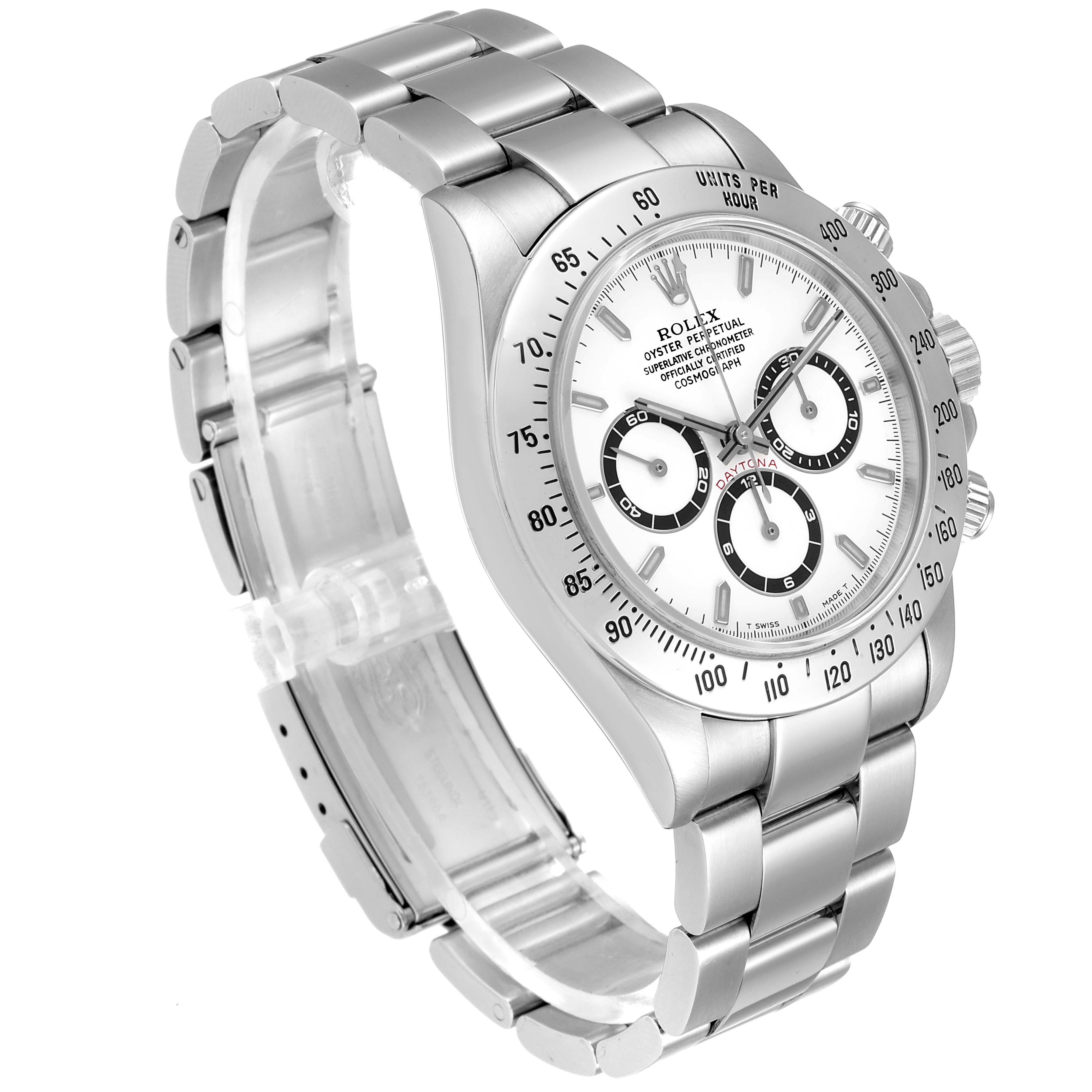 The Rolex Daytona 16520 Men's Stainless Steel White Dial 16520 Men's Stainless Steel White Dial watch is shown at an angled side view, highlighting its face, bezel, crown, chronograph pushers, and bracelet.