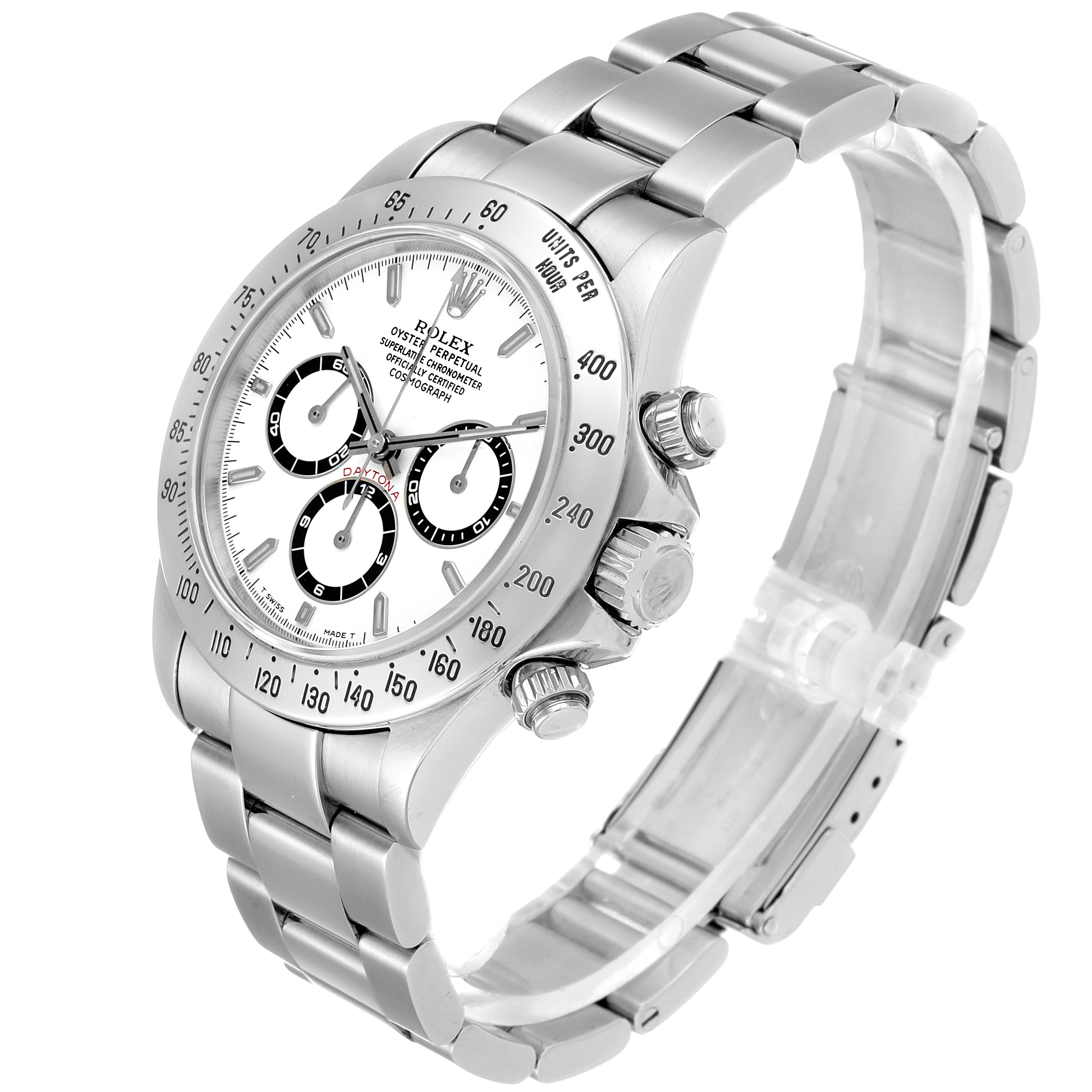 The image shows a side and top angle of a Rolex Daytona 16520 Men's Stainless Steel White Dial 16520 Men's Stainless Steel White Dial watch, highlighting its bezel, dial, chronograph pushers, and bracelet.