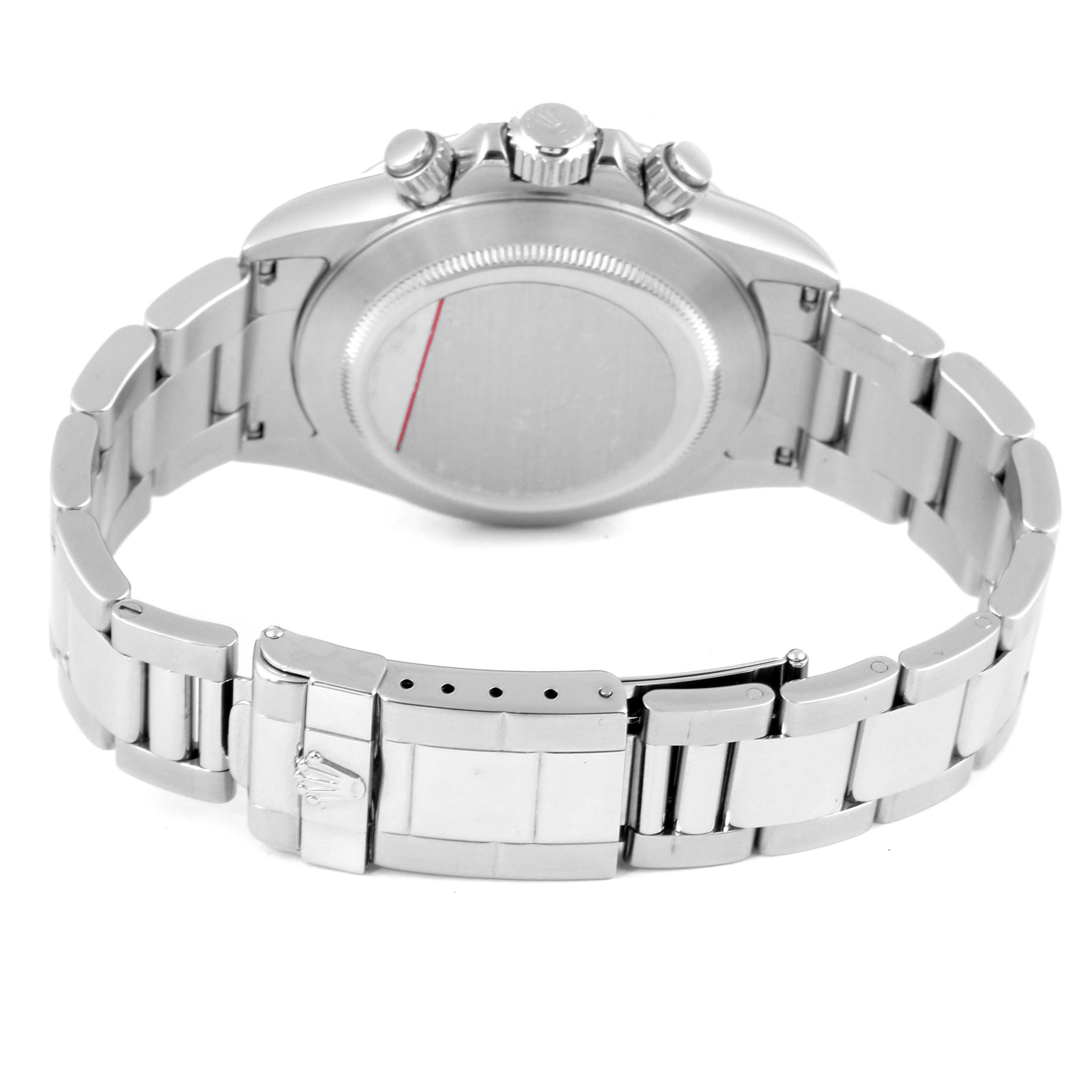 The image shows the back view of a Rolex Daytona 16520 Men's Stainless Steel White Dial 16520 Men's Stainless Steel White Dial watch, highlighting its clasp and bracelet.