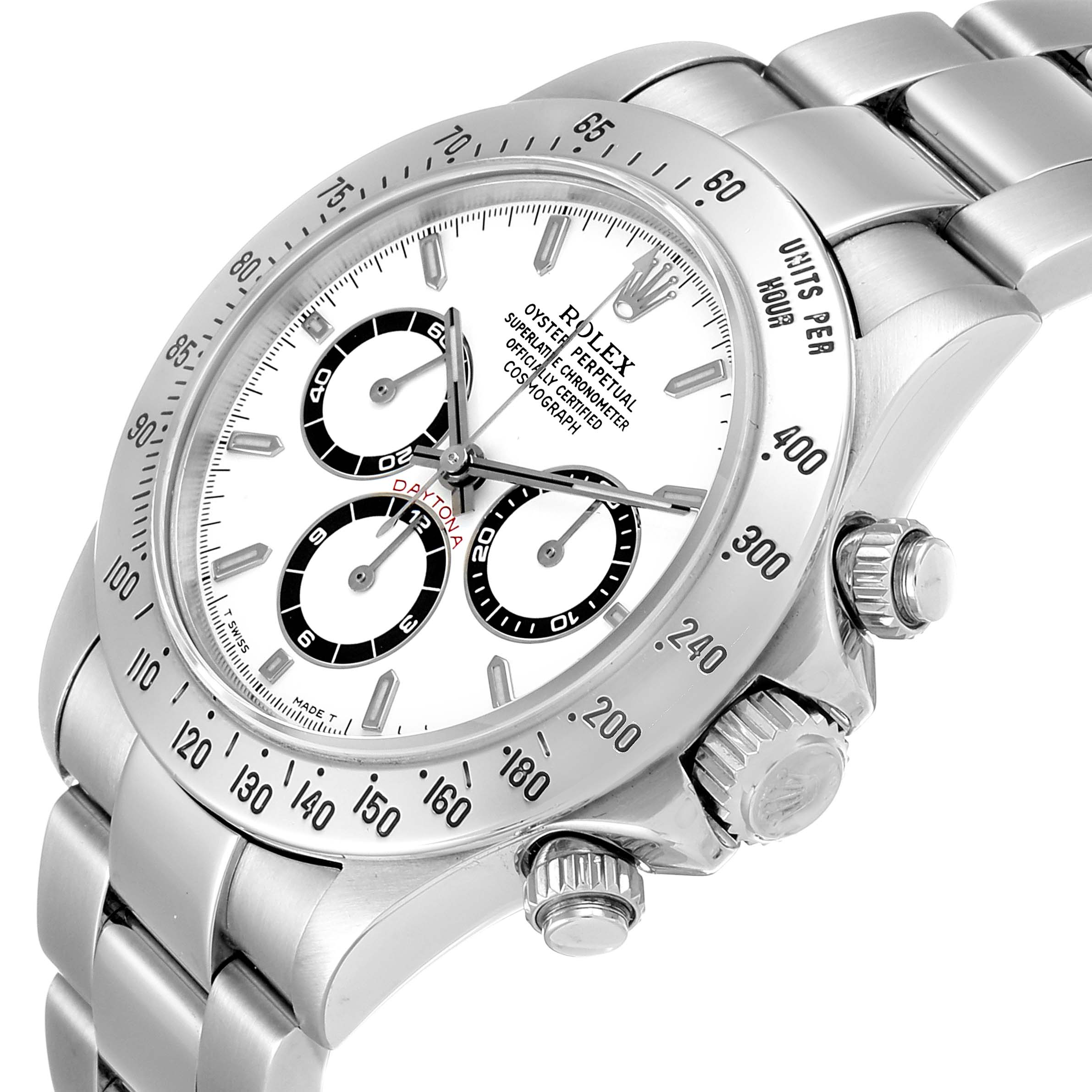 The image shows a close-up angle of the Rolex Daytona 16520 Men's Stainless Steel White Dial 16520 Men's Stainless Steel White Dial watch, highlighting its bezel, dial, and chronograph pushers.