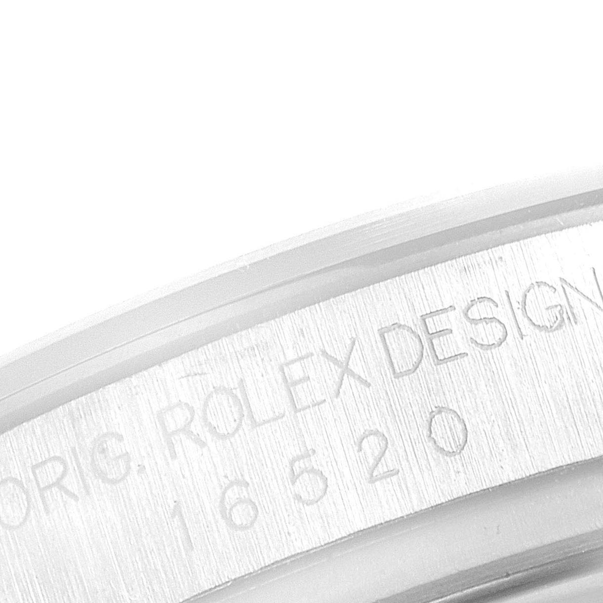 The image shows a close-up of the engraved case side of the Rolex Daytona 16520 Men's Stainless Steel White Dial 16520 Men's Stainless Steel White Dial watch, specifically the model number 16520.