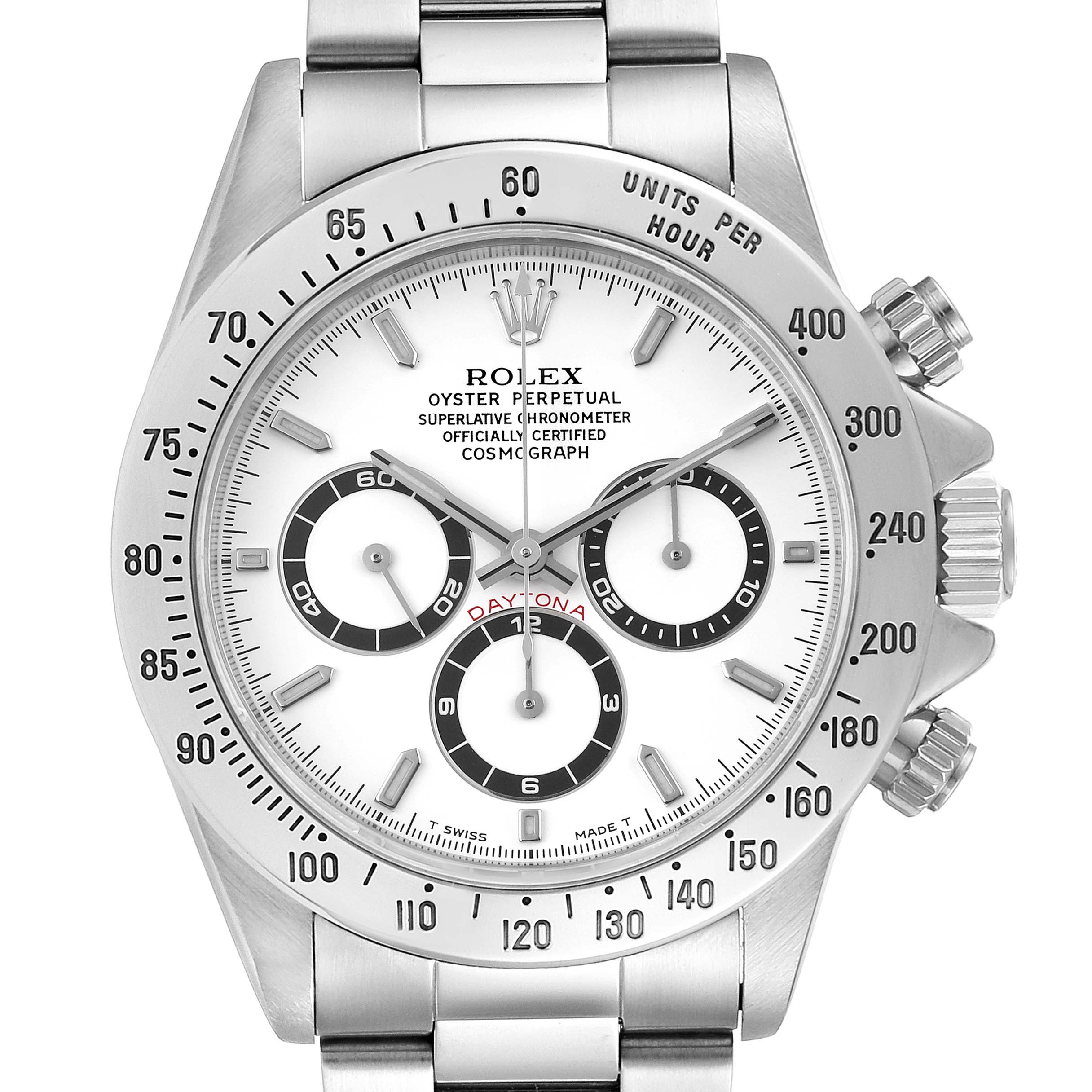 This is a frontal view of a Rolex Daytona 16520 Men's Stainless Steel White Dial 16520 Men's Stainless Steel White Dial watch, showing the dial, bezel, crown, and chronograph sub-dials.