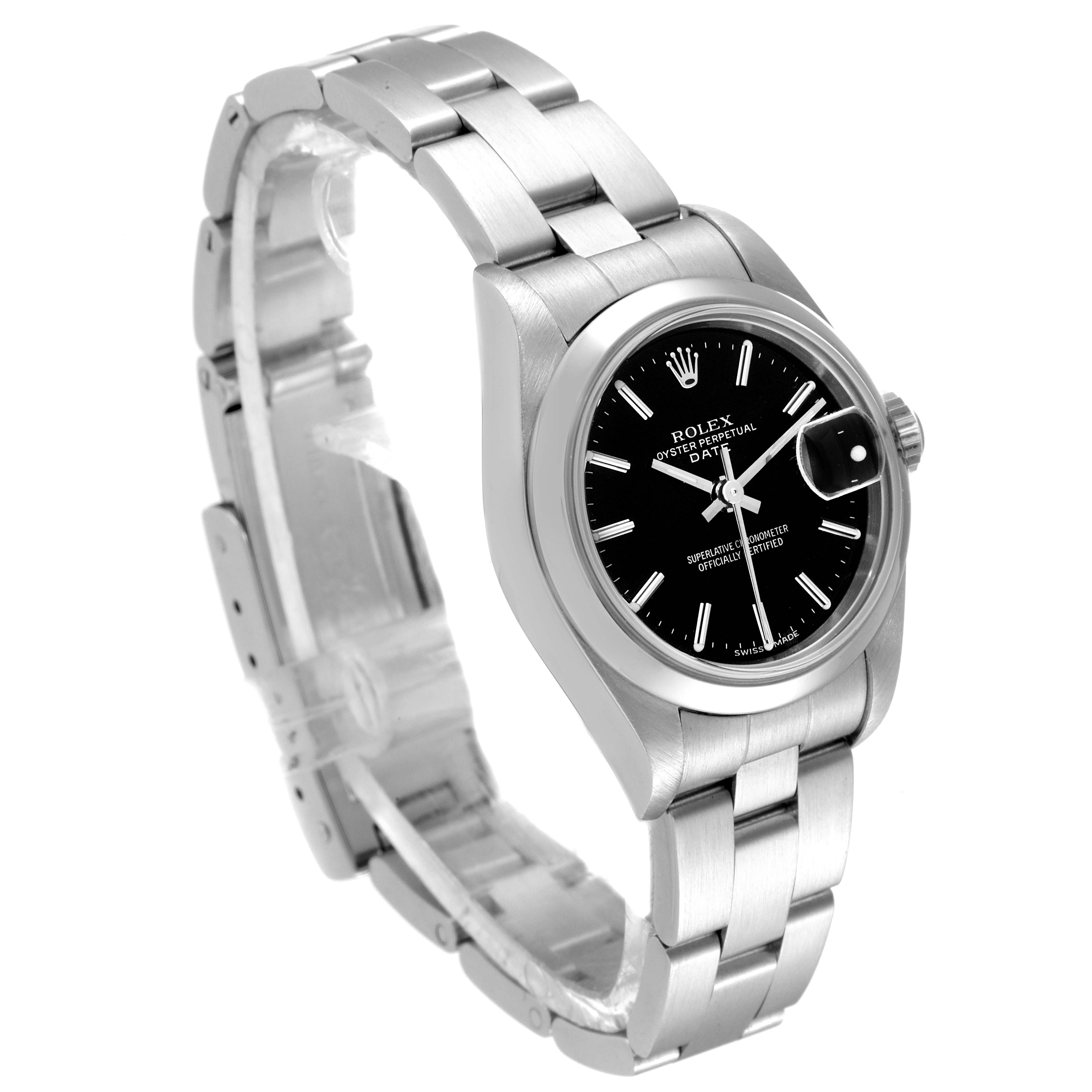 The image shows a side angle of a Rolex Date 79160 Women's Stainless Steel Black Dial 79160 Women's Stainless Steel Black Dial model watch, highlighting the face, bezel, and bracelet.