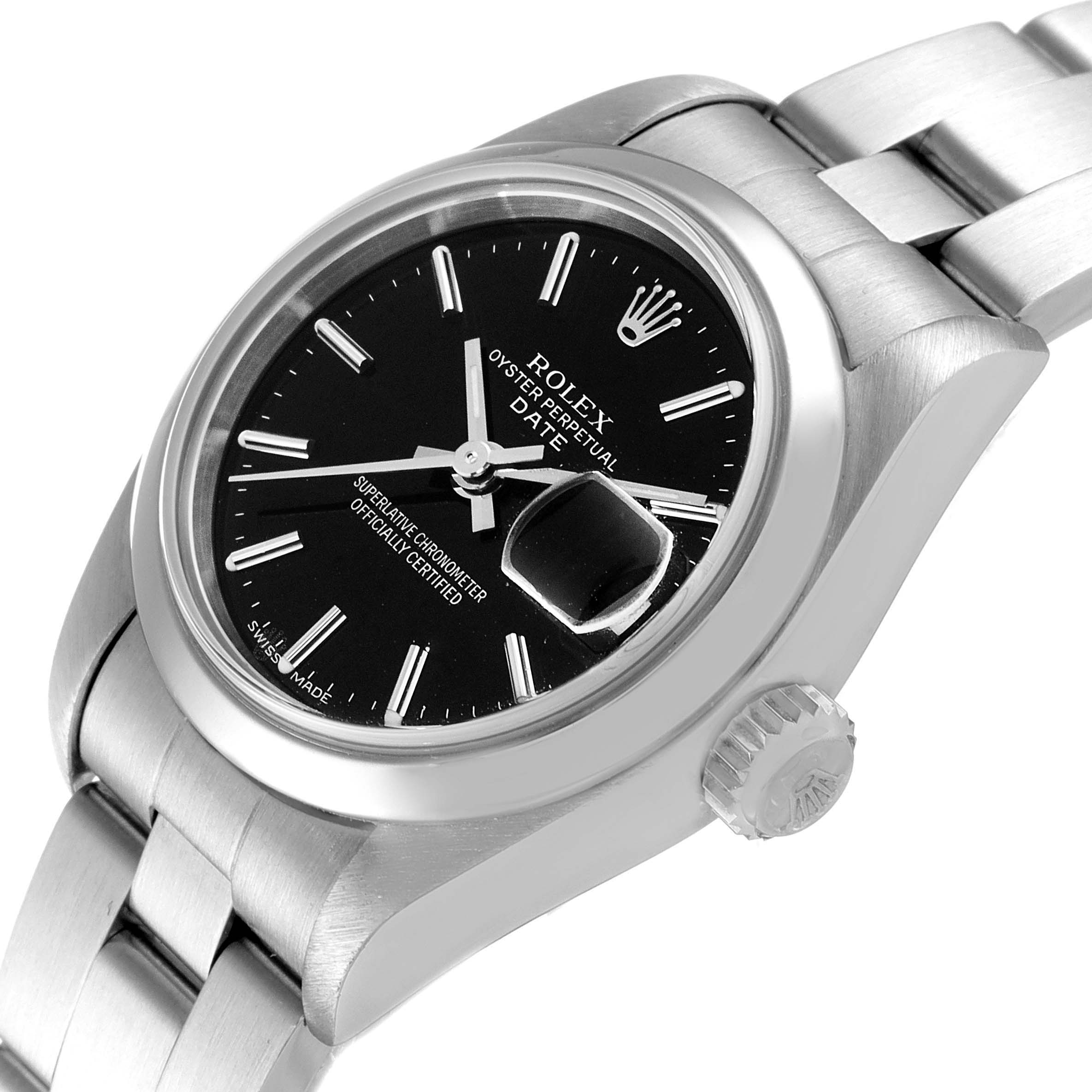 The image shows a Rolex Date 79160 Women's Stainless Steel Black Dial 79160 Women's Stainless Steel Black Dial model watch at a slight side angle, displaying the black dial, date window, crown, and part of the bracelet.