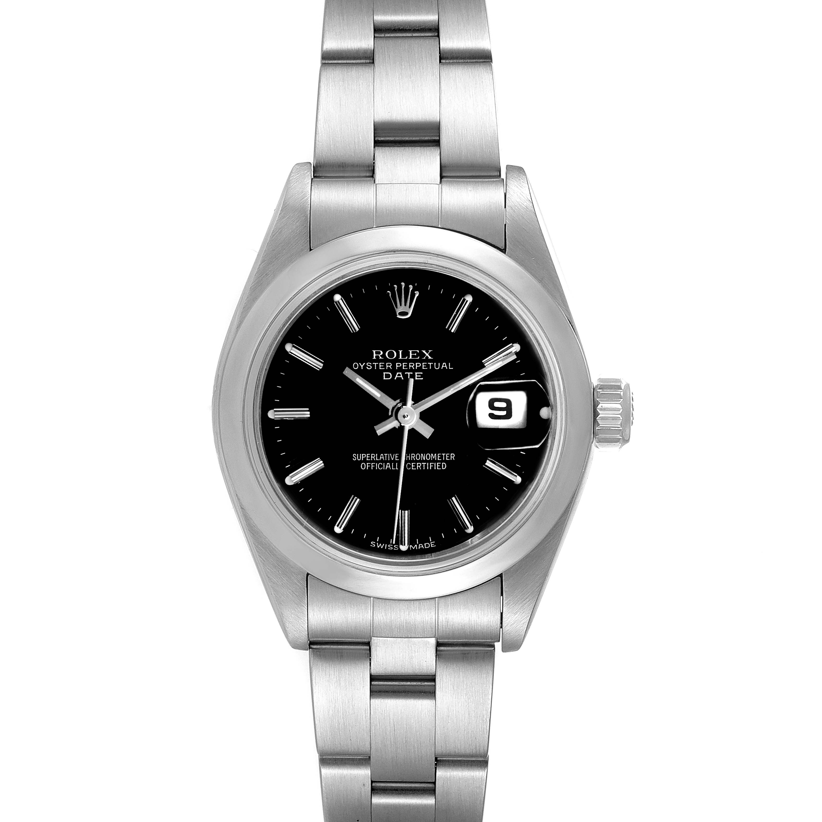 The image shows a frontal view of a Rolex Oyster Perpetual Date watch, displaying the dial, bracelet, crown, and date window.