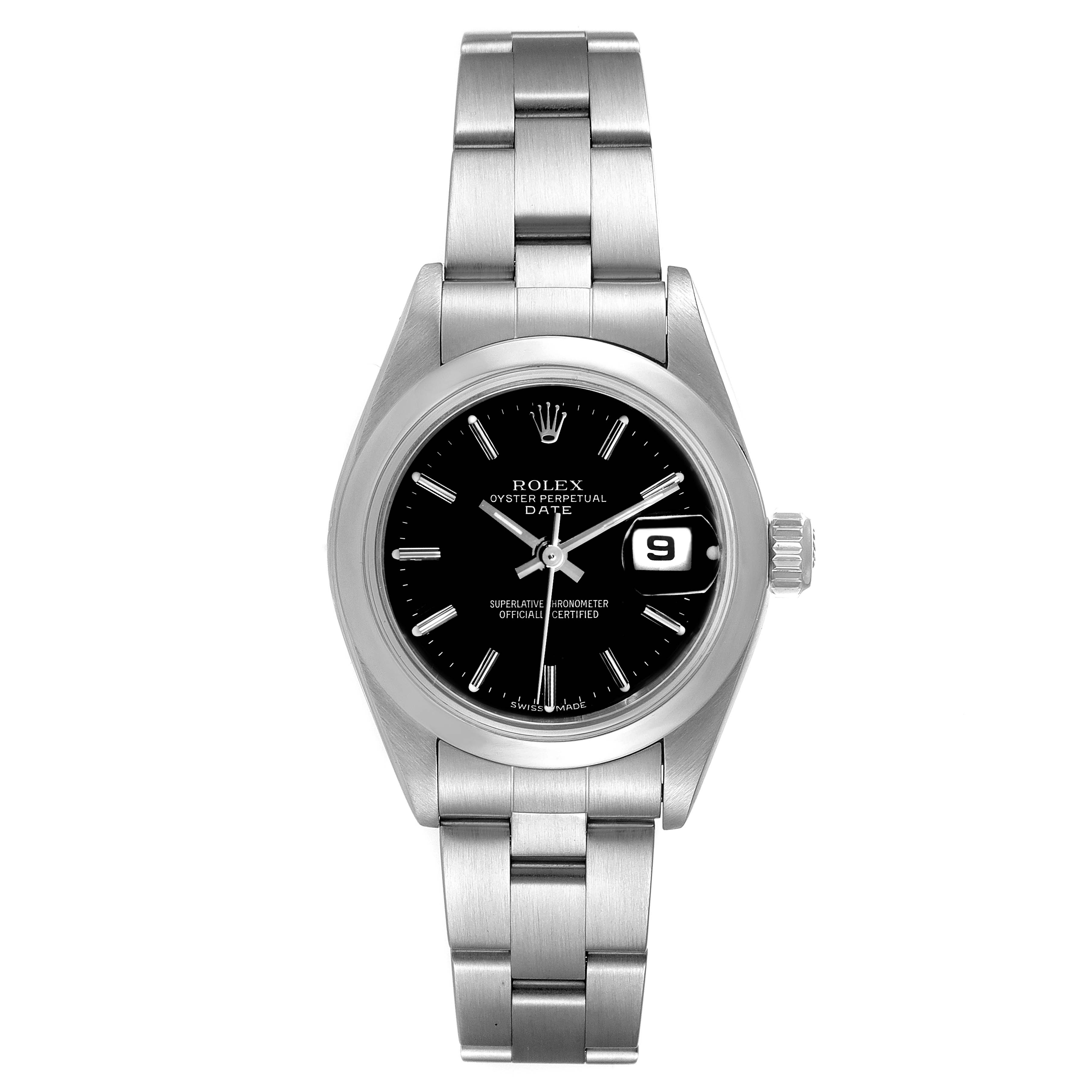 This image shows a front view of the Rolex Date 79160 Women's Stainless Steel Black Dial 79160 Women's Stainless Steel Black Dial model watch, highlighting its black dial, silver bracelet, and date window.
