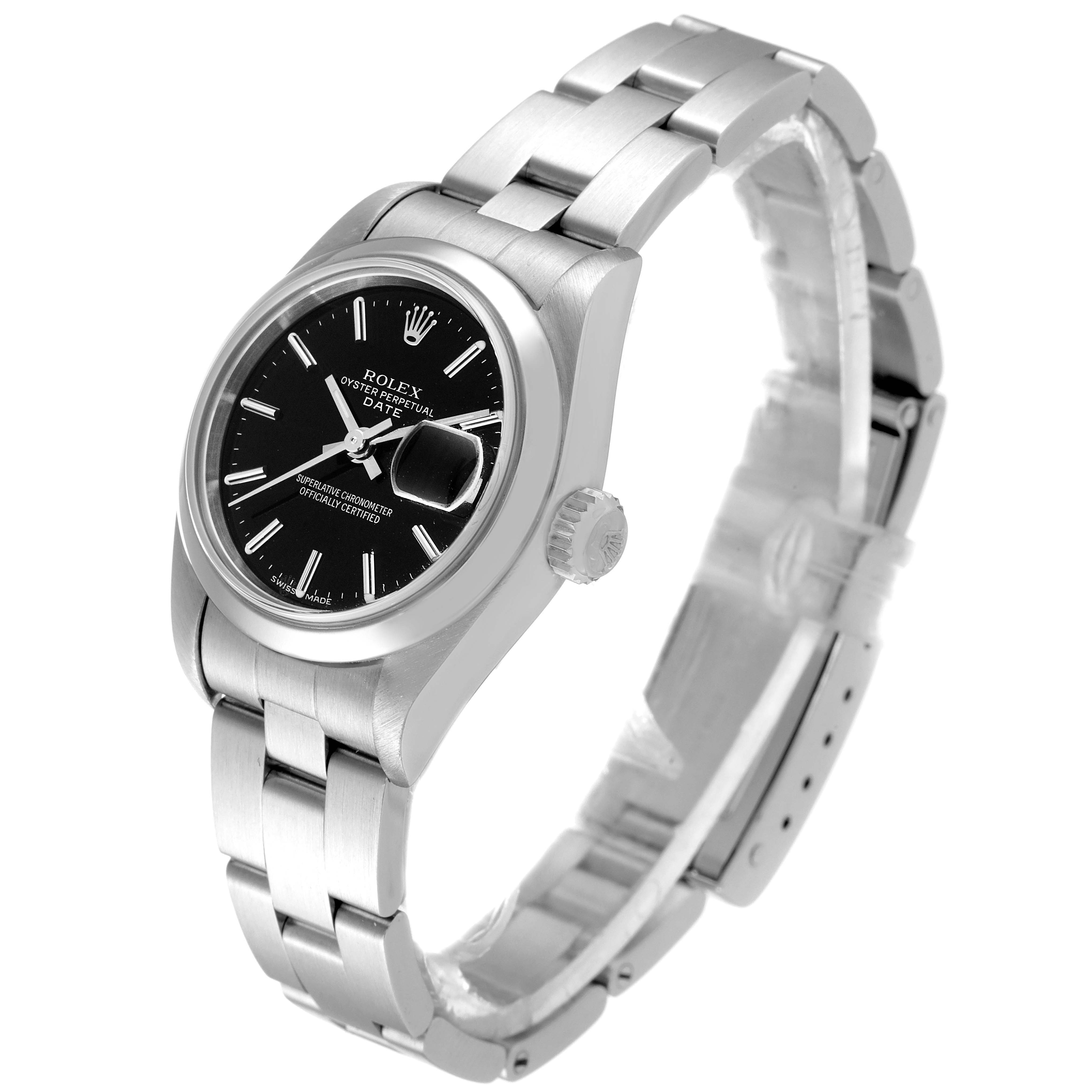 The Rolex Date 79160 Women's Stainless Steel Black Dial 79160 Women's Stainless Steel Black Dial model watch is shown from an angled side view, highlighting the face, crown, and stainless steel bracelet.