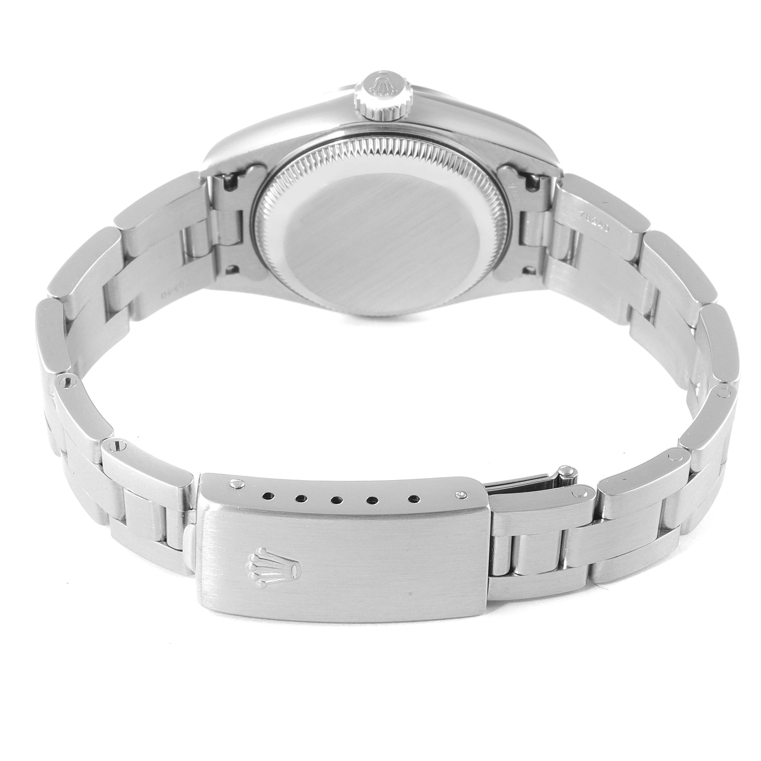 This image shows the back of the Rolex Date 79160 Women's Stainless Steel Black Dial 79160 Women's Stainless Steel Black Dial model watch showcasing its case back, crown, and bracelet with clasp.