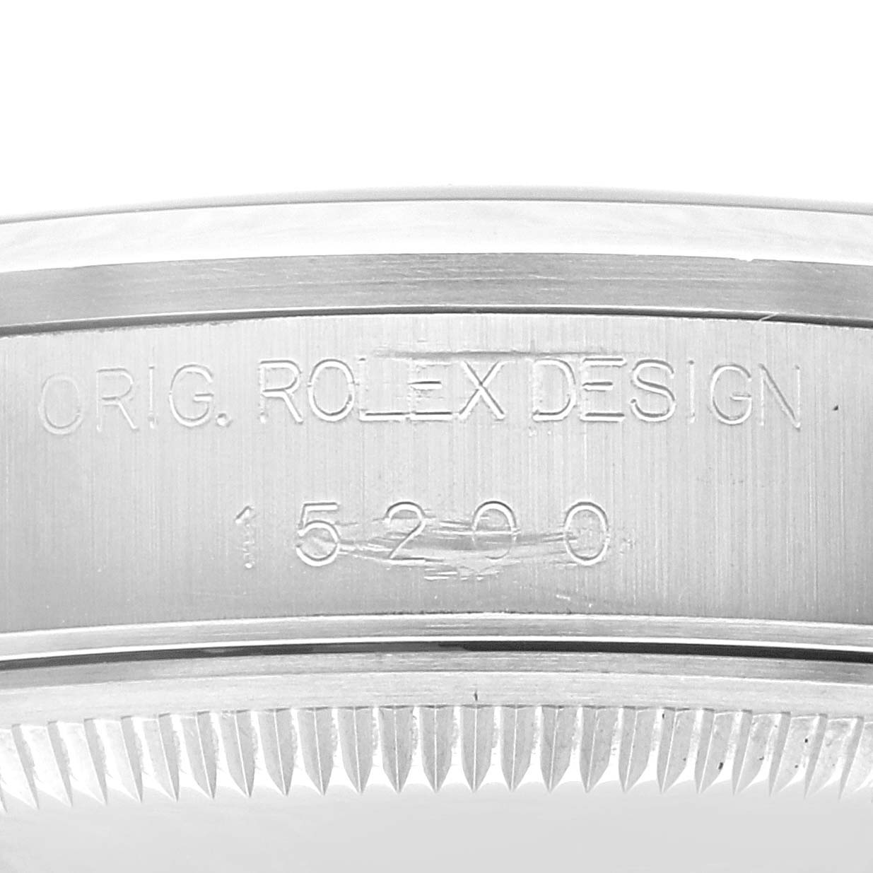 The image shows a close-up of the case side of a Rolex Date 15200 Men's Stainless Steel Black Dial 15200 Men's Stainless Steel Black Dial model, displaying the engraving of the model number.