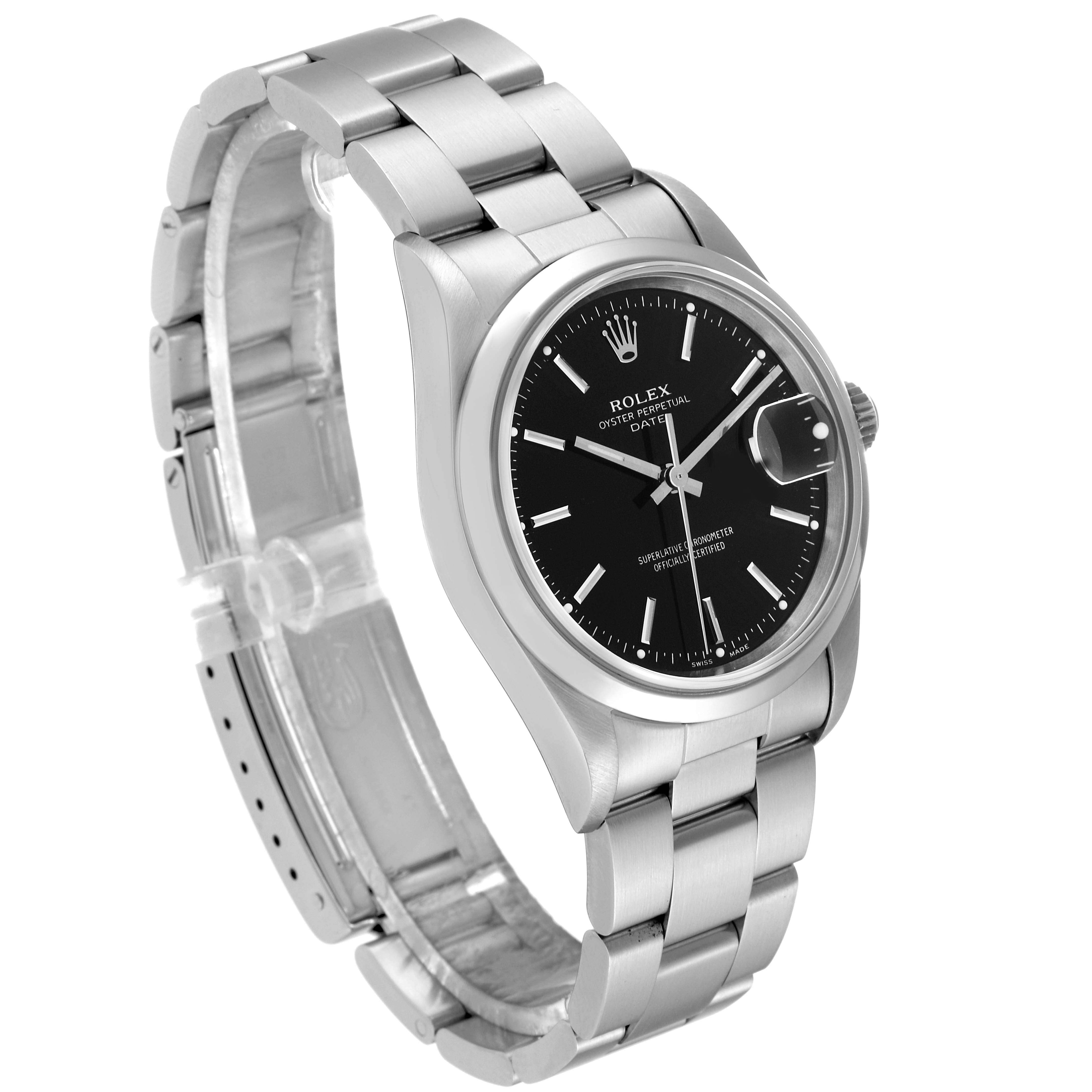 The Rolex Date 15200 Men's Stainless Steel Black Dial 15200 Men's Stainless Steel Black Dial watch is shown at a three-quarter angle, highlighting its black dial, metal bracelet, and date magnifier.