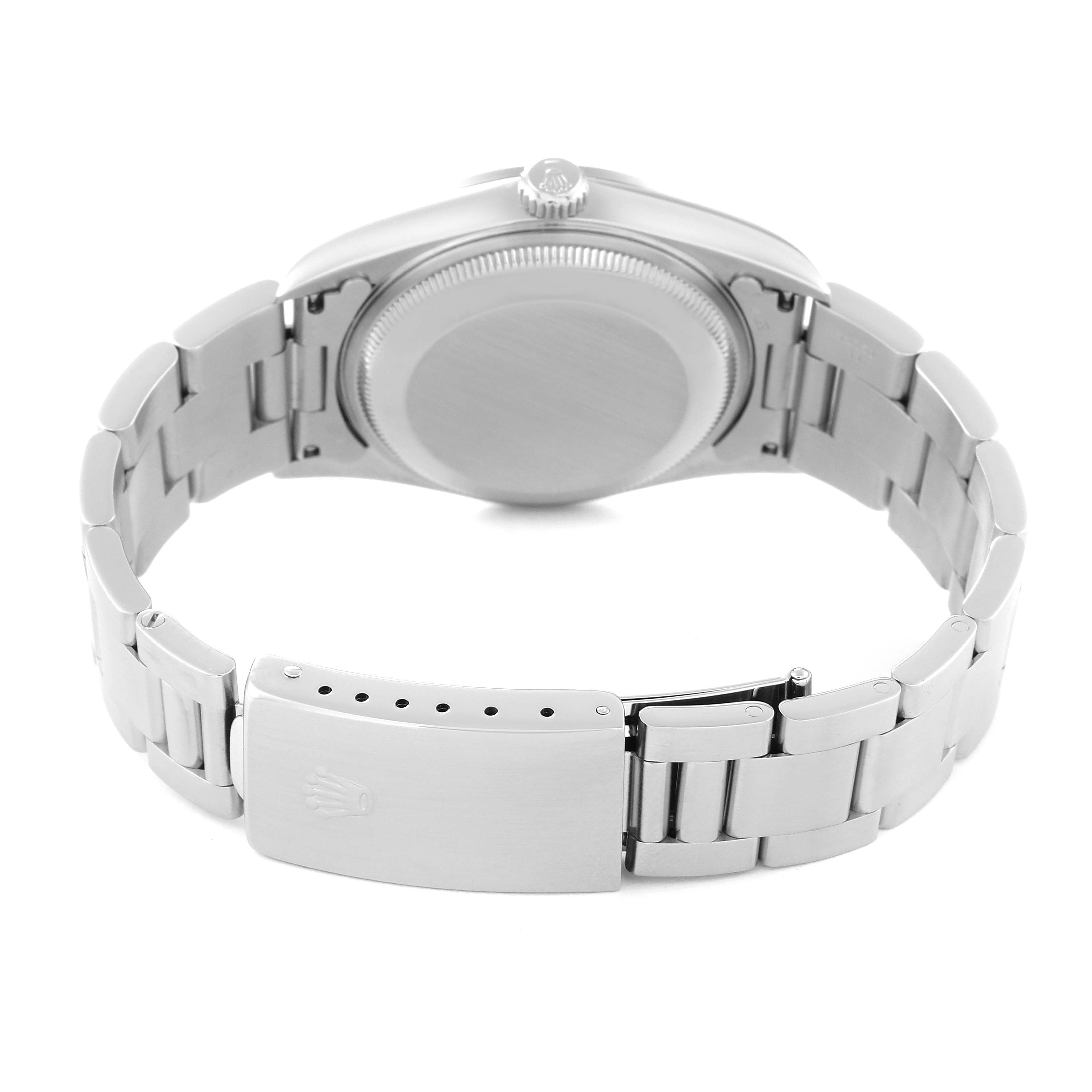 This image shows the back view of a Rolex Date 15200 Men's Stainless Steel Black Dial 15200 Men's Stainless Steel Black Dial model watch, highlighting the case back and stainless steel bracelet with the clasp open.