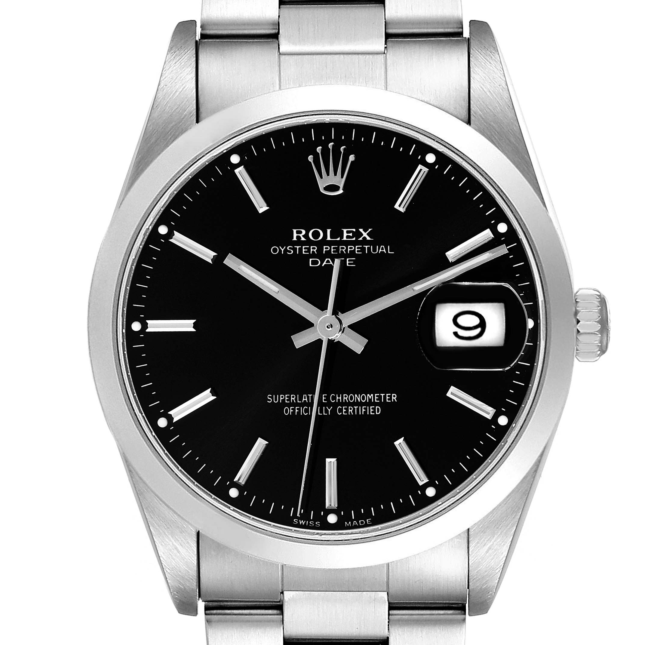 This image shows the front view of a Rolex Date 15200 Men's Stainless Steel Black Dial 15200 Men's Stainless Steel Black Dial model watch, highlighting the black dial, date window, and stainless steel bracelet.