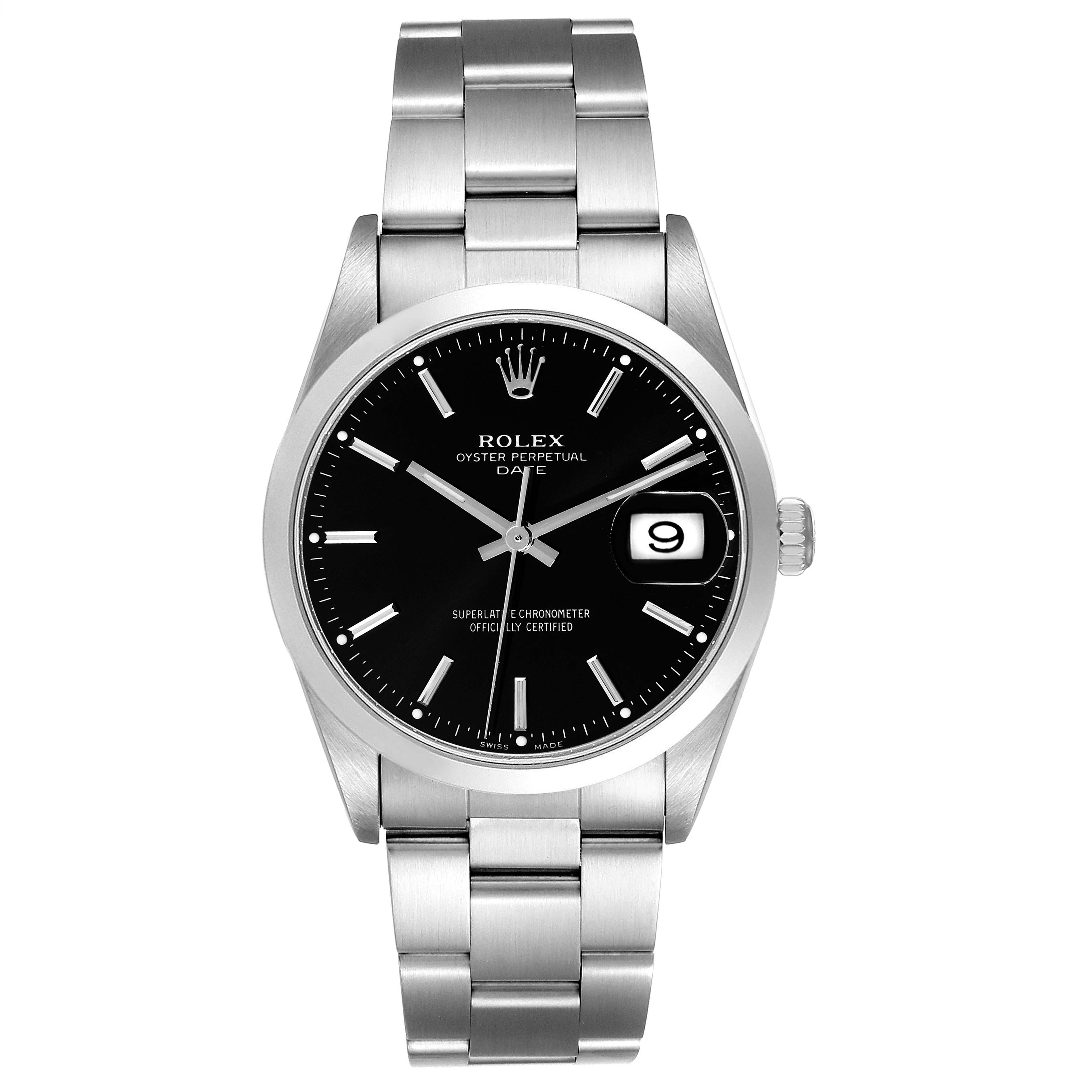 The Rolex Date 15200 Men's Stainless Steel Black Dial 15200 Men's Stainless Steel Black Dial model is shown from the front, displaying the black dial, date window, and stainless steel bracelet.
