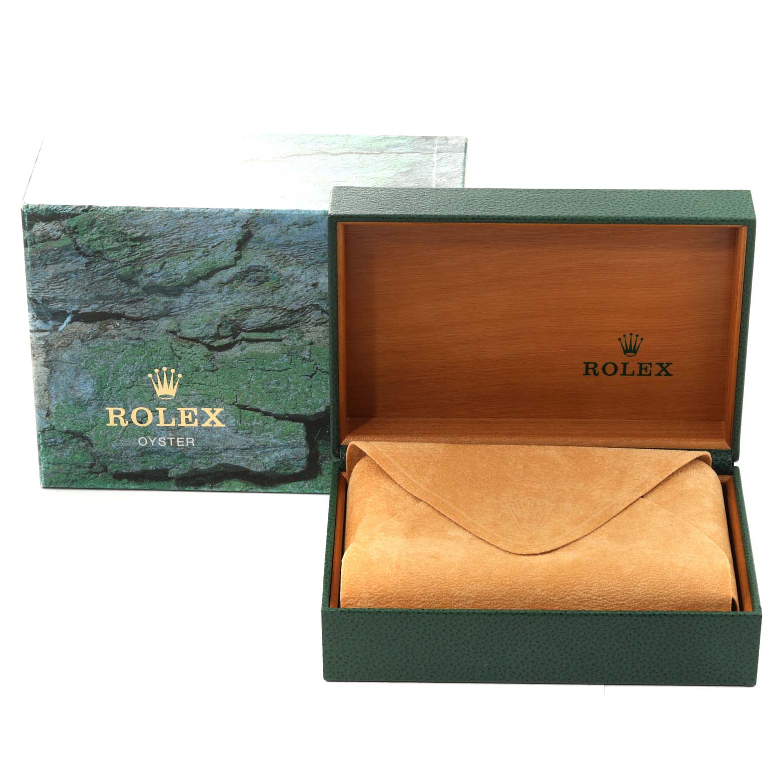 The image shows a Rolex Date 15200 Men's Stainless Steel Black Dial 15200 Men's Stainless Steel Black Dial model watch box, featuring a closed beige envelope inside the open box, viewed from a front angle.