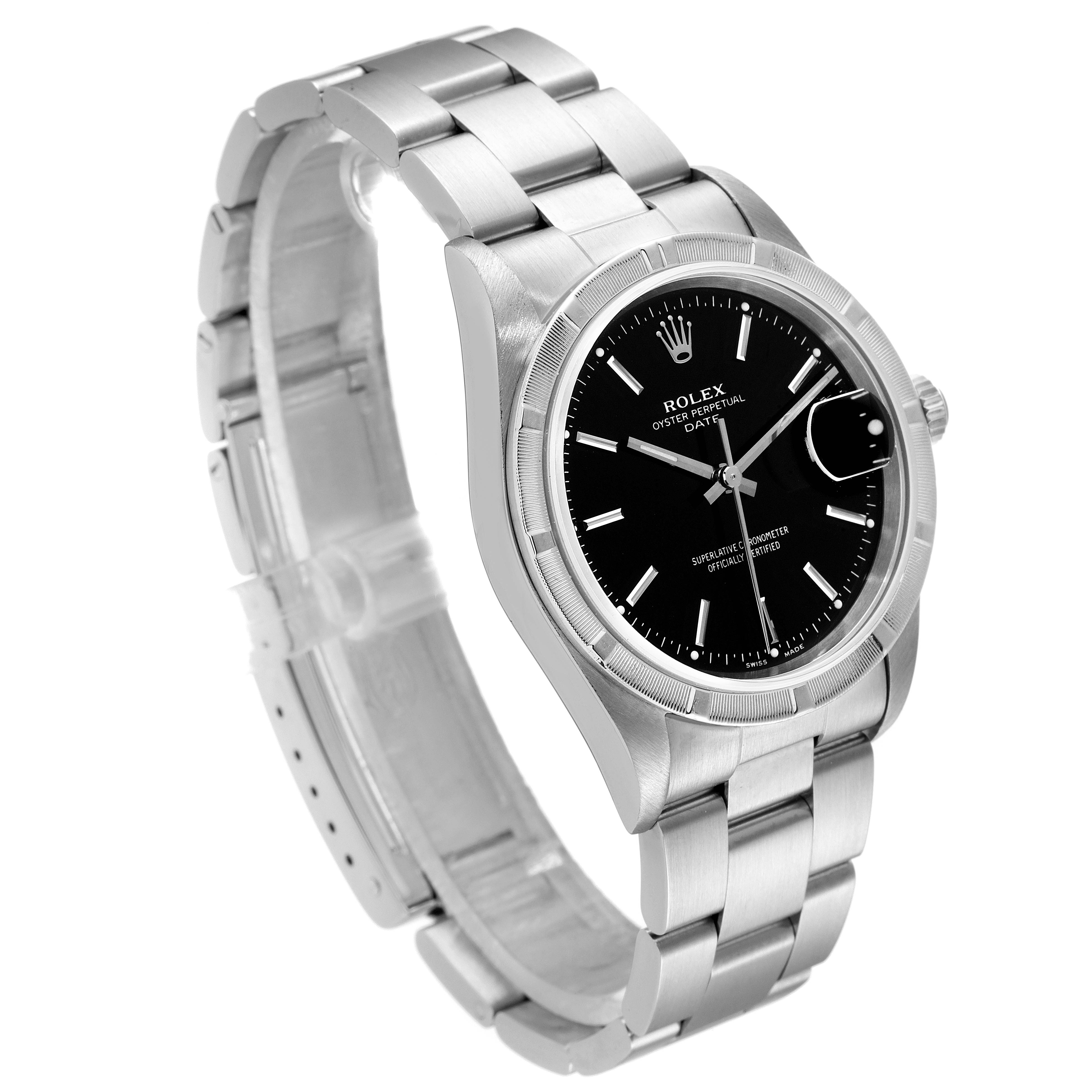 The image shows a Rolex Date 15210 Men's Stainless Steel Black Dial 15210 Men's Stainless Steel Black Dial model watch at a three-quarter angle, highlighting its face, bezel, crown, and bracelet.